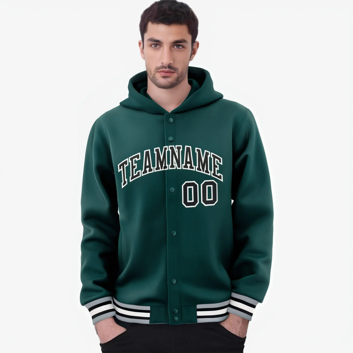 Custom Green Black-White Varsity Full-Snap Letterman Classic Hoodie Jacket