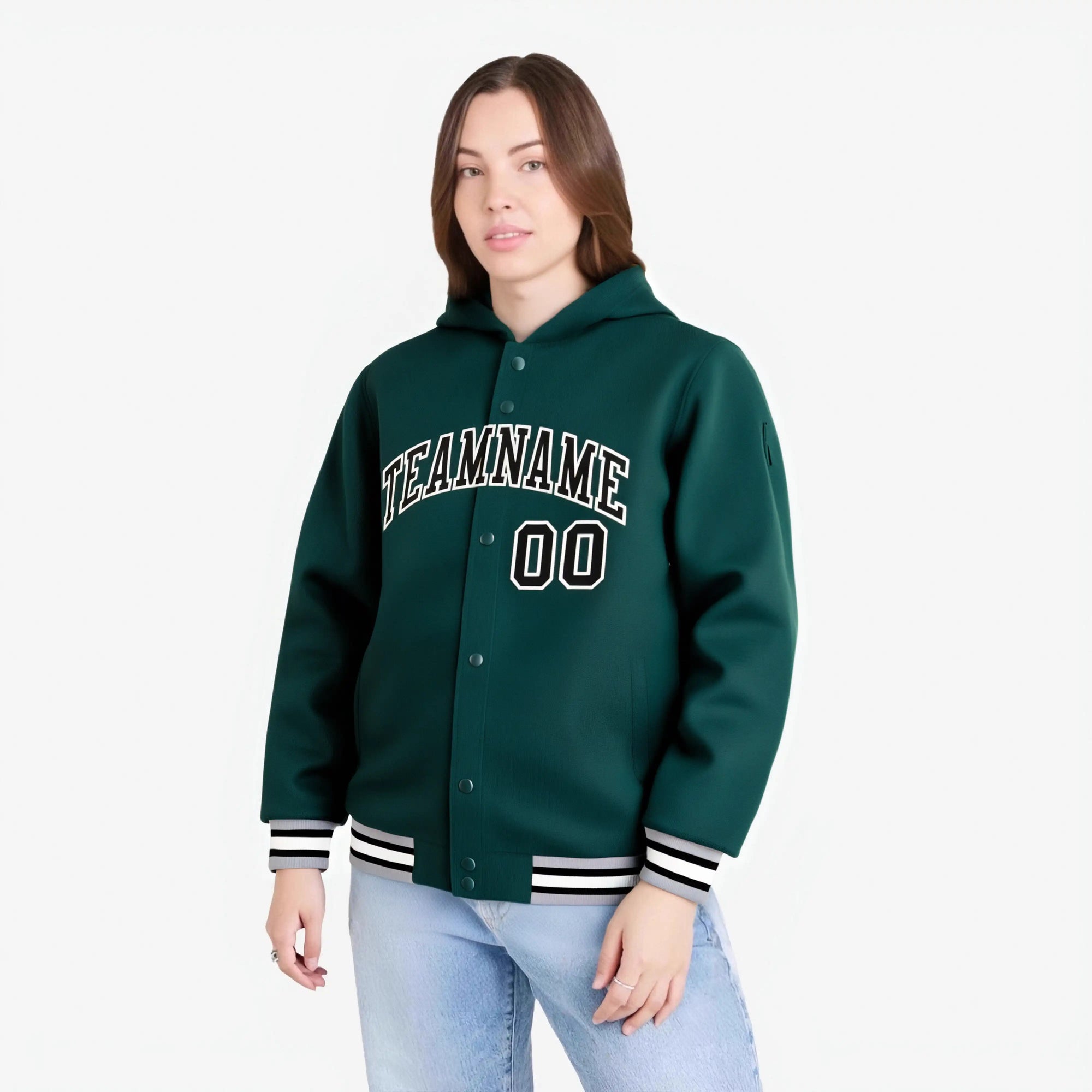 Custom Green Black-White Varsity Full-Snap Letterman Classic Hoodie Jacket