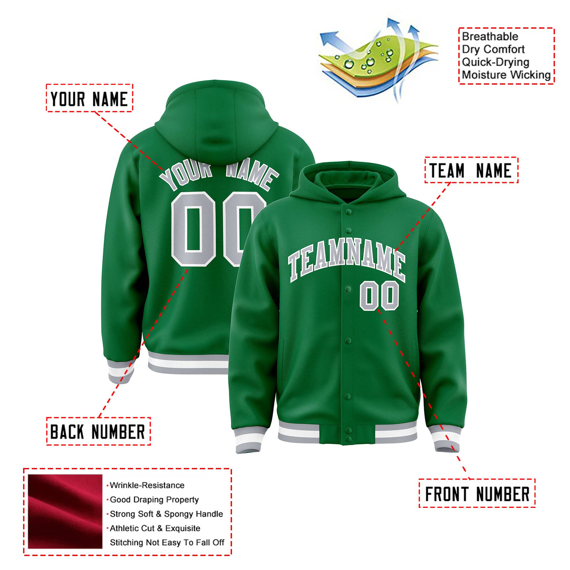 Custom Kelly Green Gray-White Varsity Full-Snap Letterman Classic Hoodie Jacket