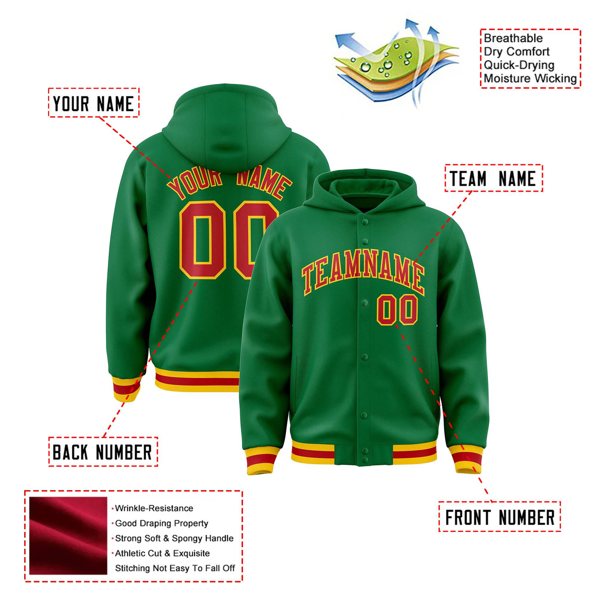 Custom Kelly Green Red-Gold Varsity Full-Snap Letterman Classic Hoodie Jacket