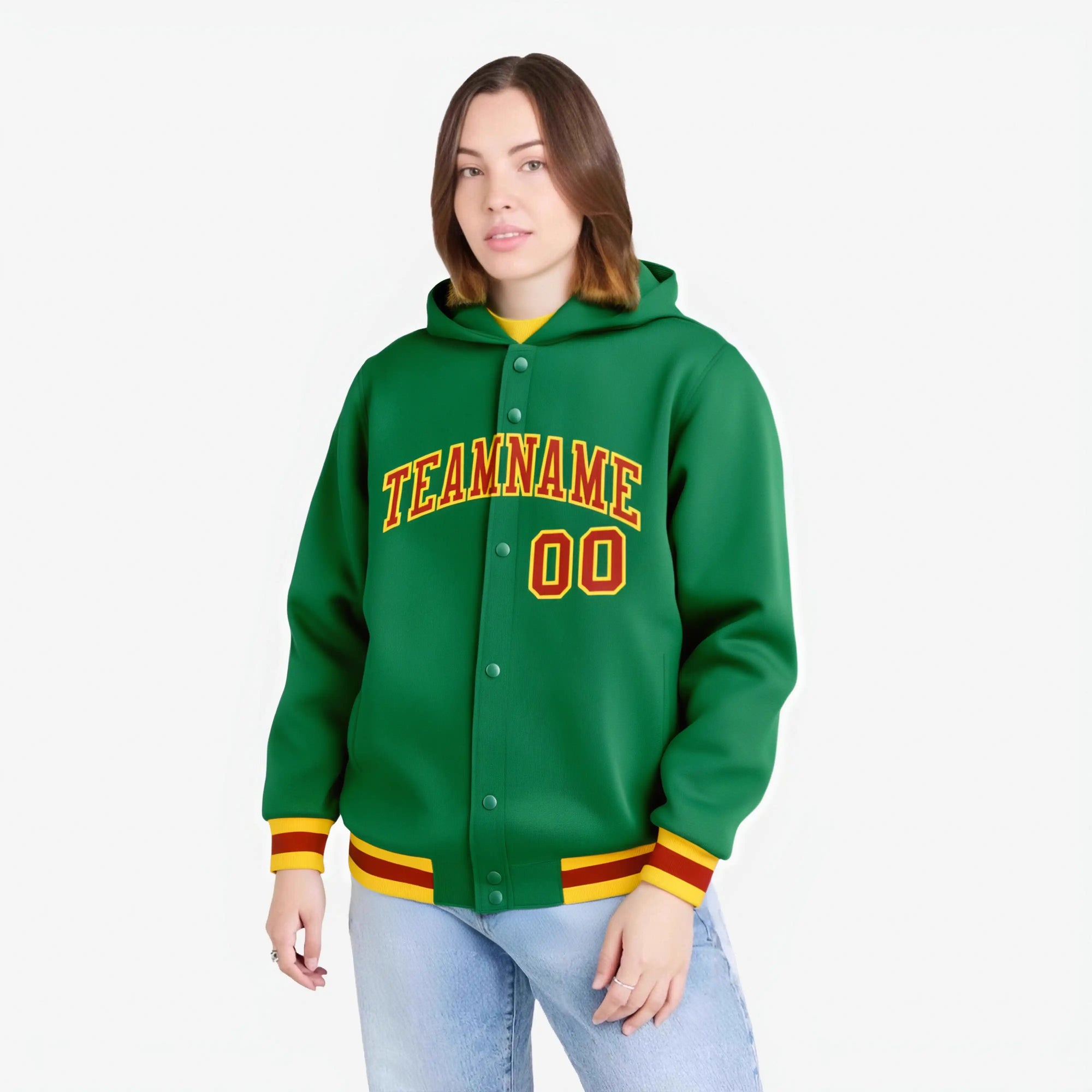 Custom Kelly Green Red-Gold Varsity Full-Snap Letterman Classic Hoodie Jacket