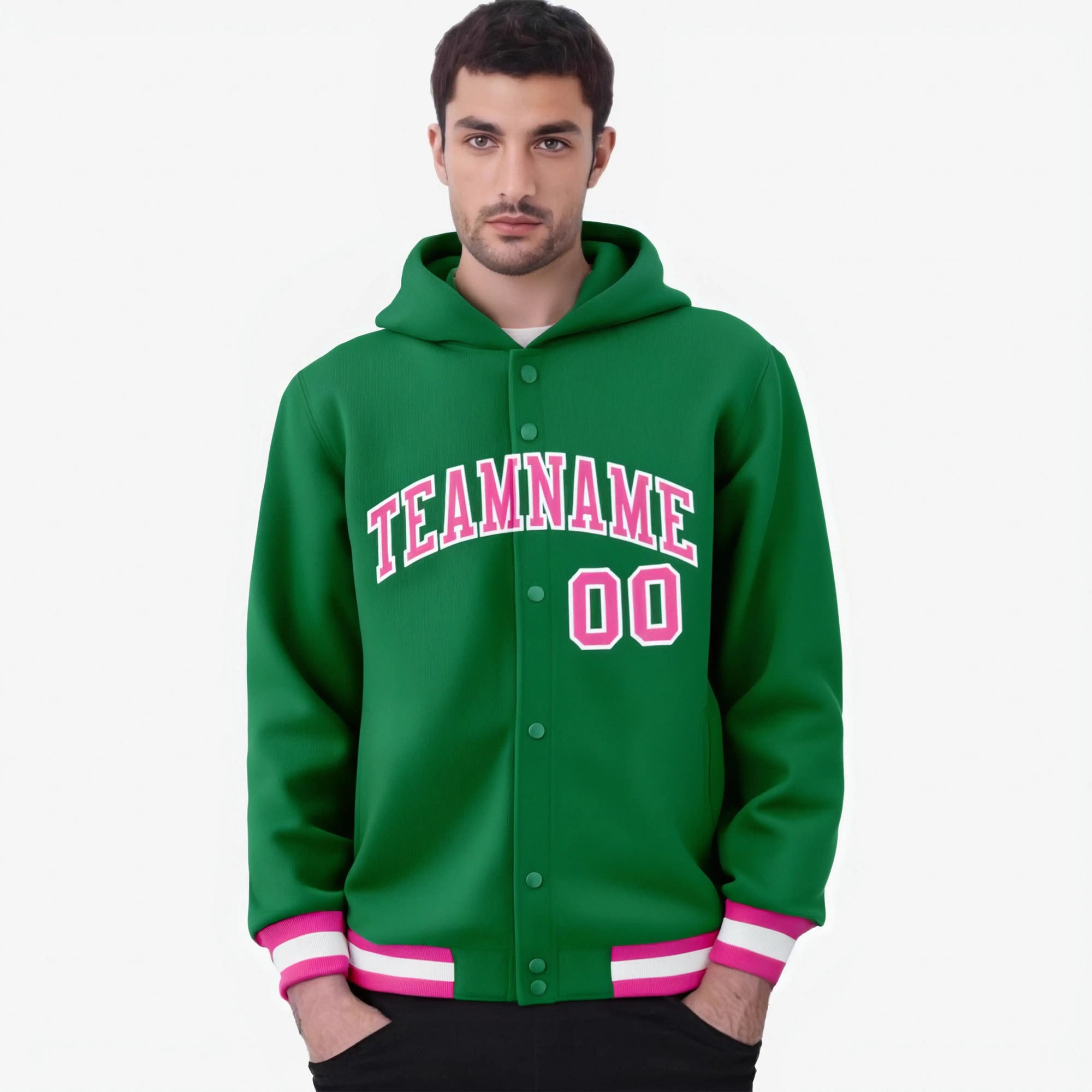 Custom Kelly Green Pink-White Varsity Full-Snap Letterman Classic Hoodie Jacket