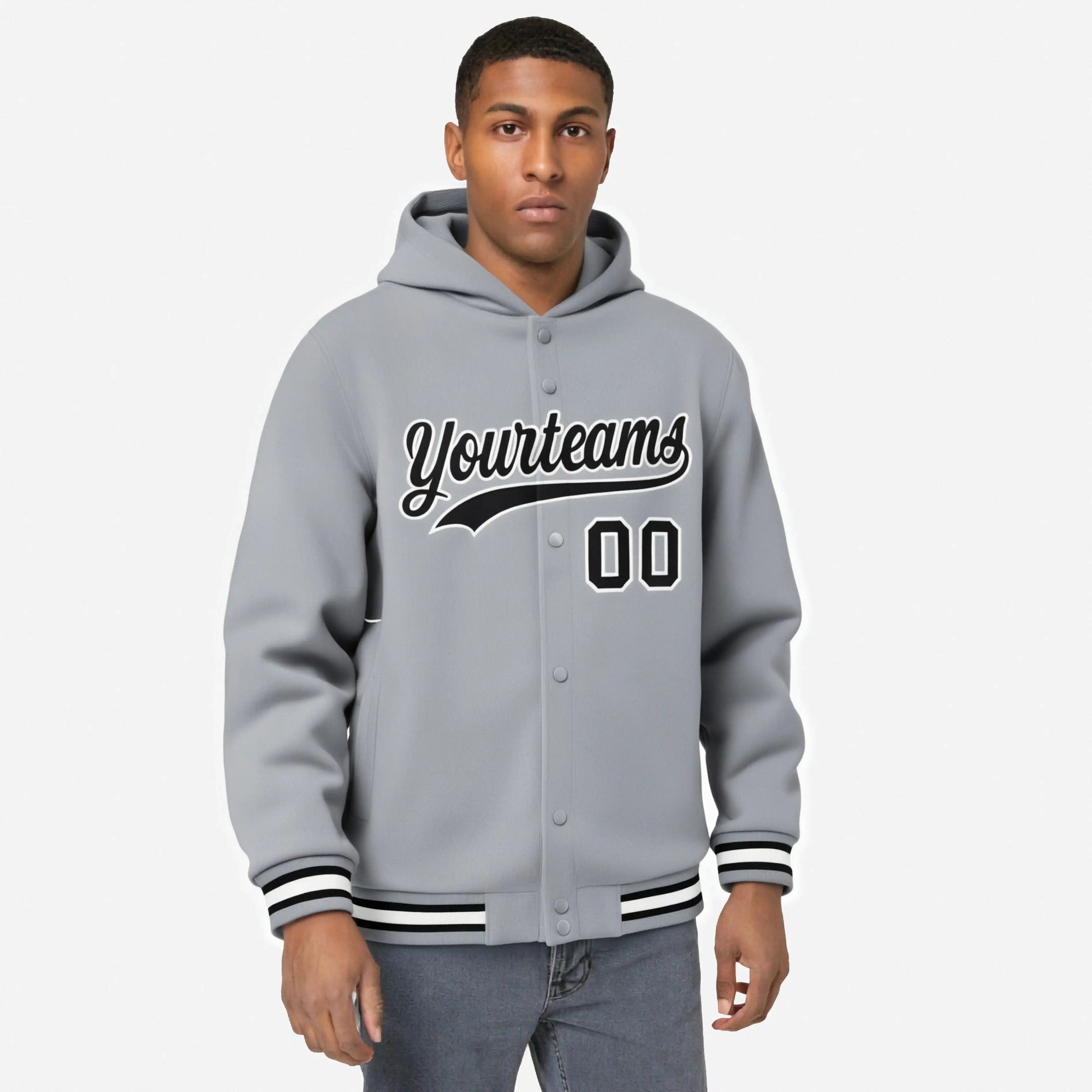 Custom Gray Black-White Varsity Full-Snap Letterman Classic Hoodie Jacket