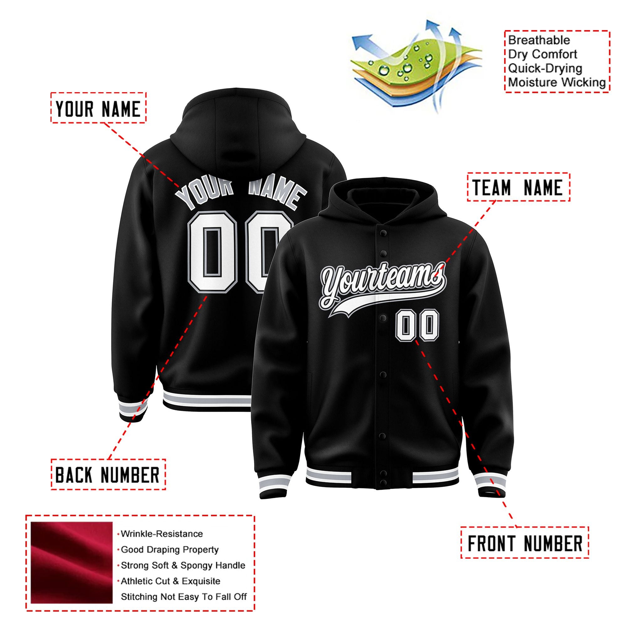 Custom Black White-Gray Varsity Full-Snap Letterman Classic Hoodie Jacket