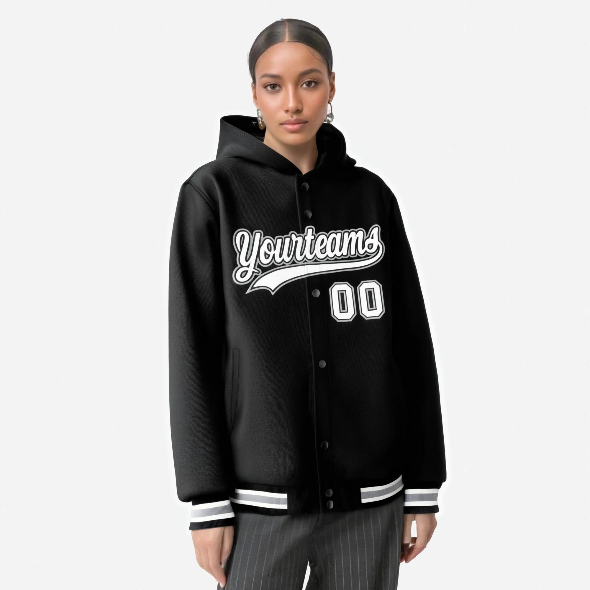 Custom Black White-Gray Varsity Full-Snap Letterman Classic Hoodie Jacket