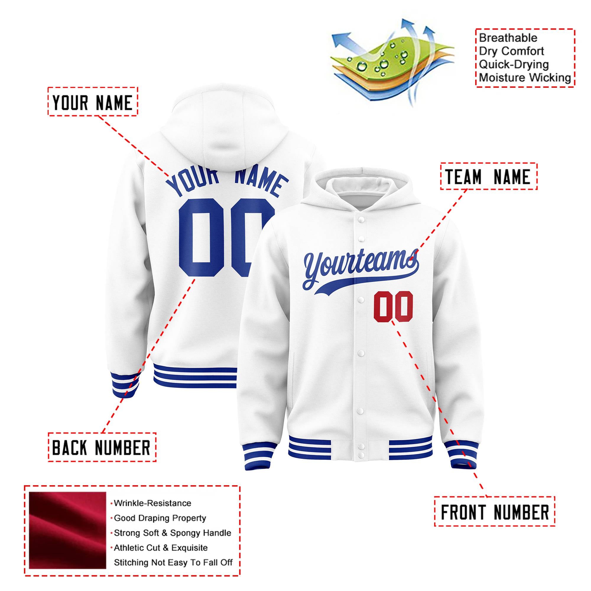 Custom White Royal Blue Varsity Full-Snap Letterman Classic Hoodie Jacket