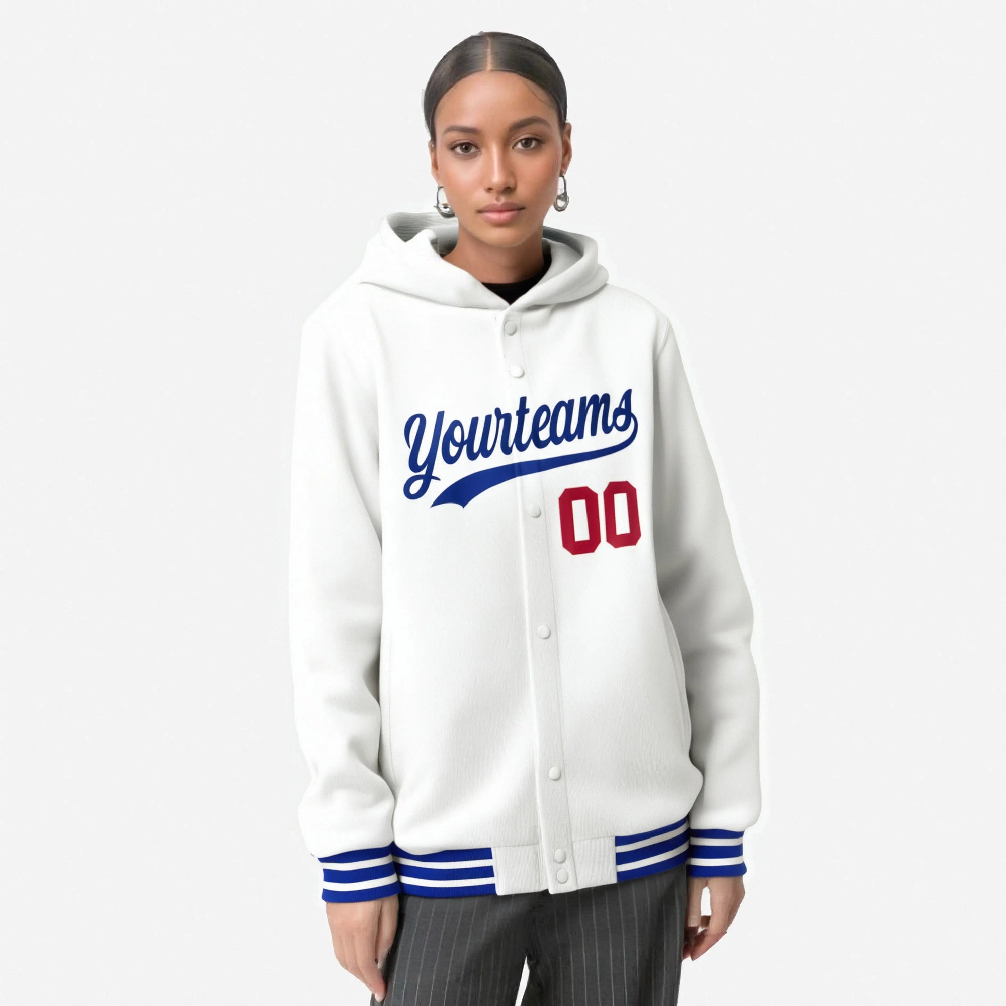 Custom White Royal Blue Varsity Full-Snap Letterman Classic Hoodie Jacket