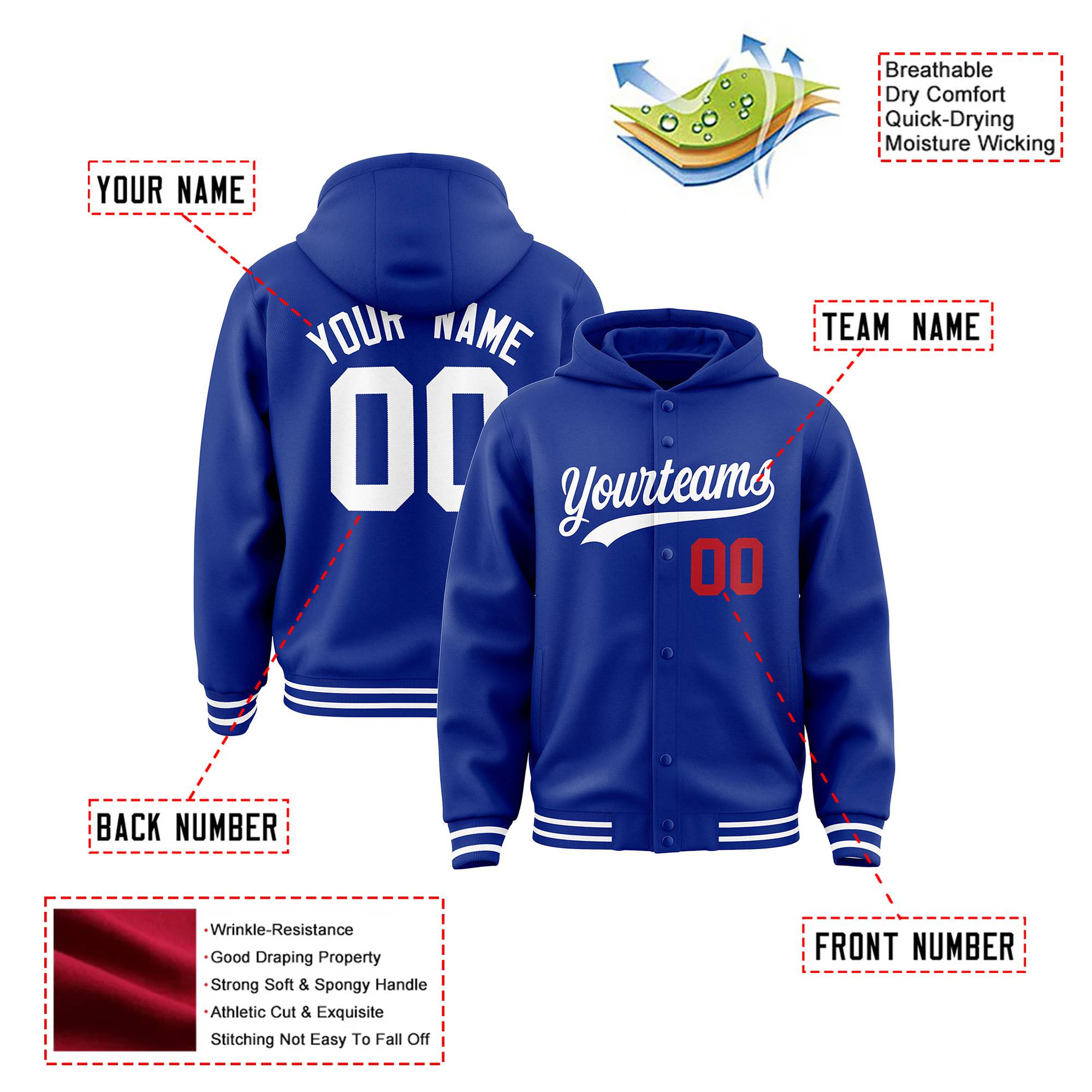 Custom Royal Blue White Varsity Full-Snap Letterman Classic Hoodie Jacket