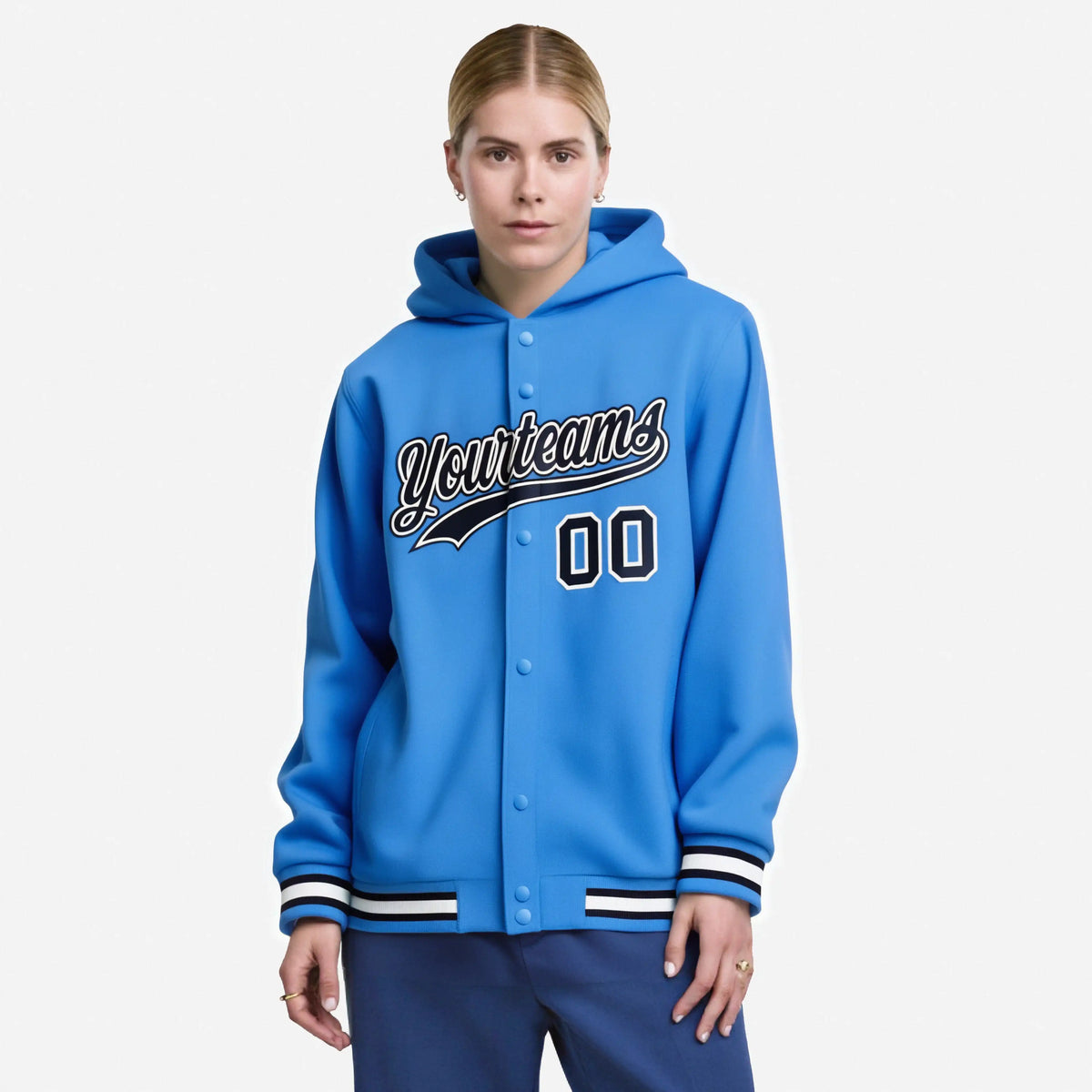 Custom Powder Blue Navy-White Varsity Full-Snap Letterman Classic Hoodie Jacket