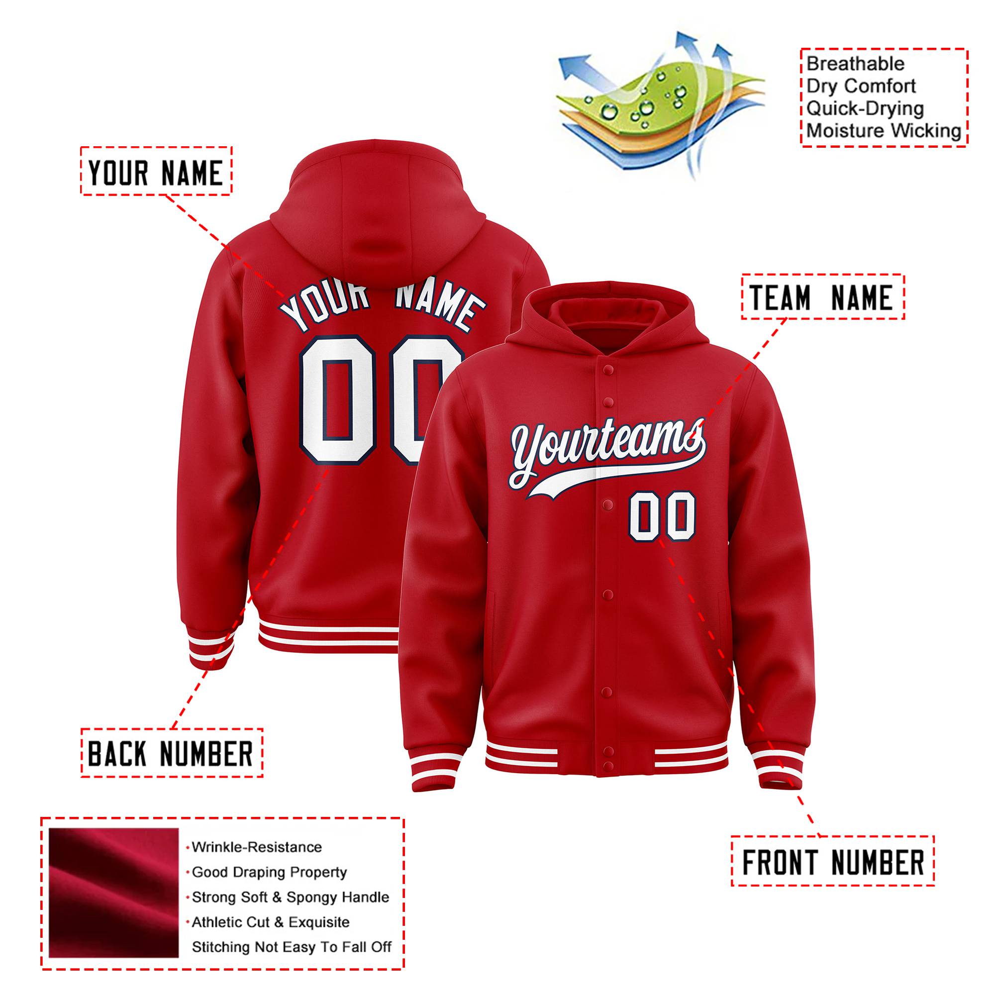 Custom Red Blue White-Navy Varsity Full-Snap Letterman Classic Hoodie Jacket