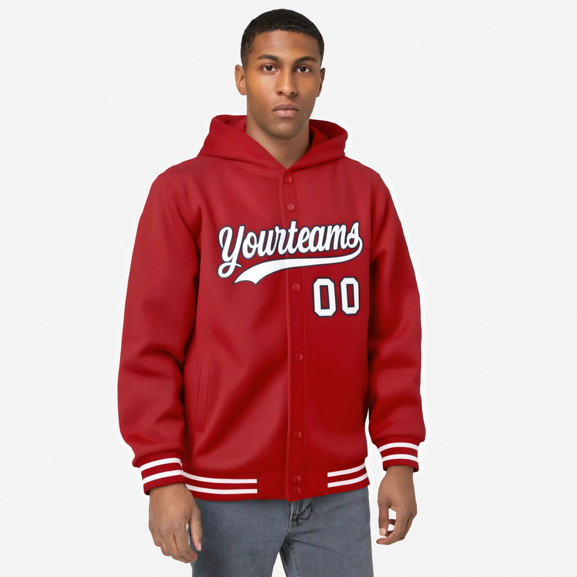 Custom Red Blue White-Navy Varsity Full-Snap Letterman Classic Hoodie Jacket