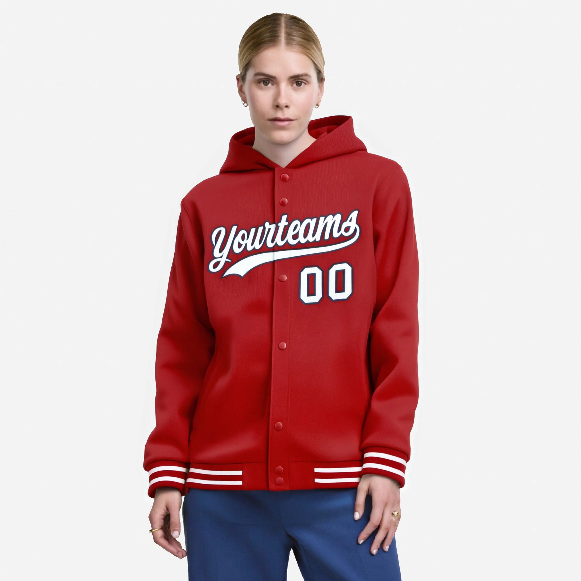 Custom Red Blue White-Navy Varsity Full-Snap Letterman Classic Hoodie Jacket