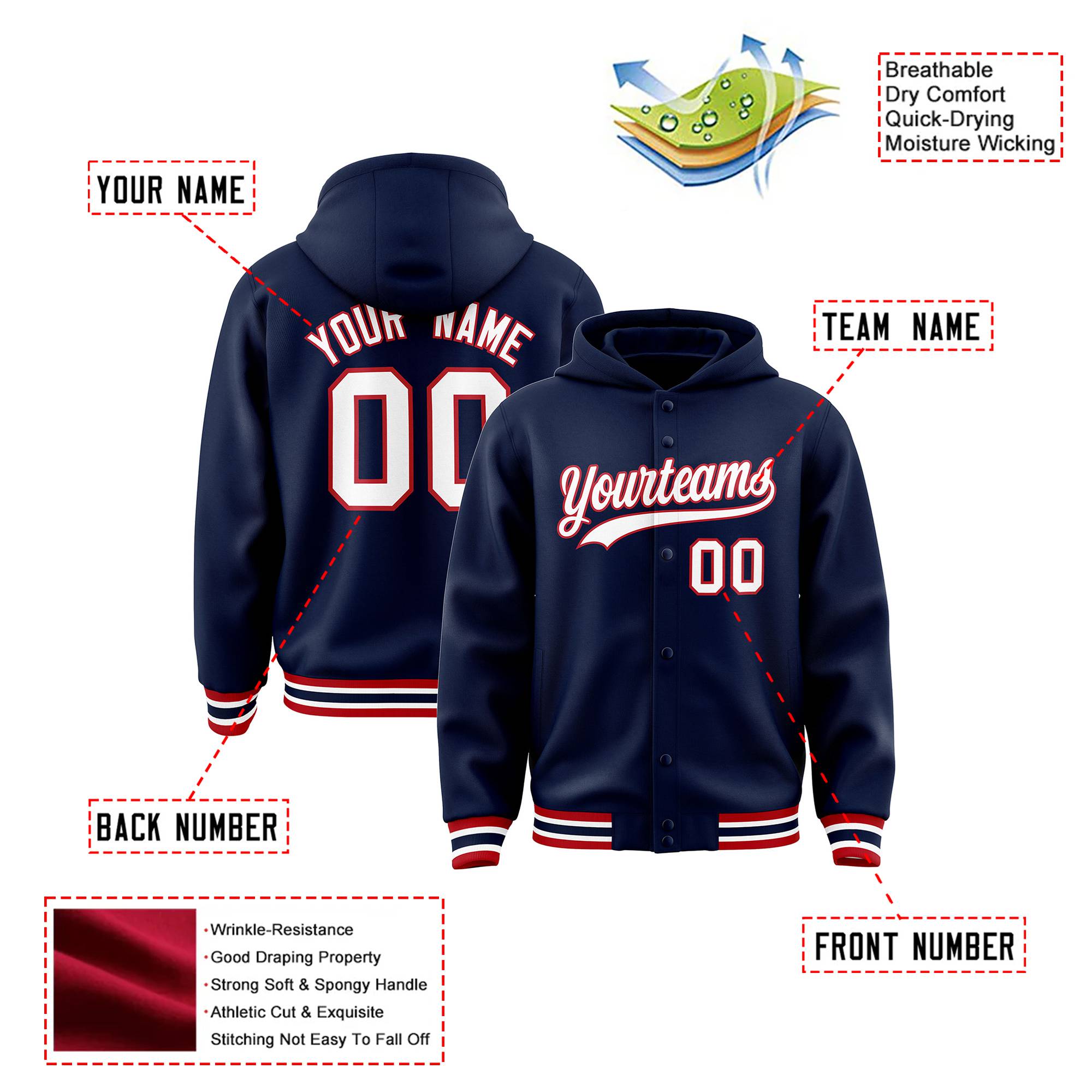 Custom Navy White-Red Varsity Full-Snap Letterman Classic Hoodie Jacket