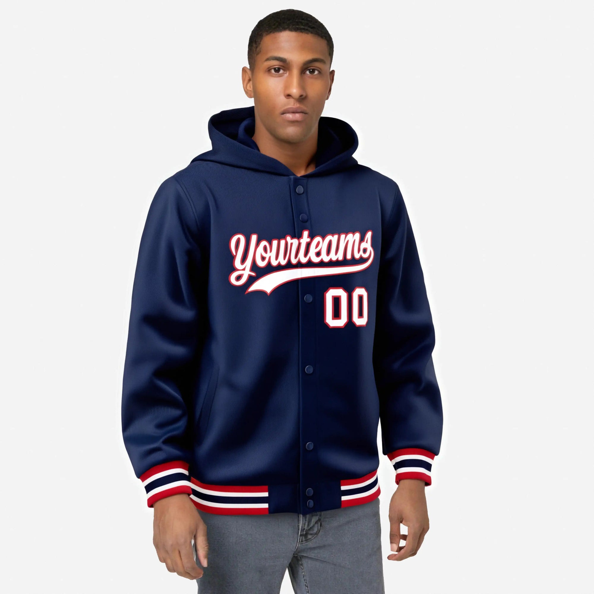 Custom Navy White-Red Varsity Full-Snap Letterman Classic Hoodie Jacket