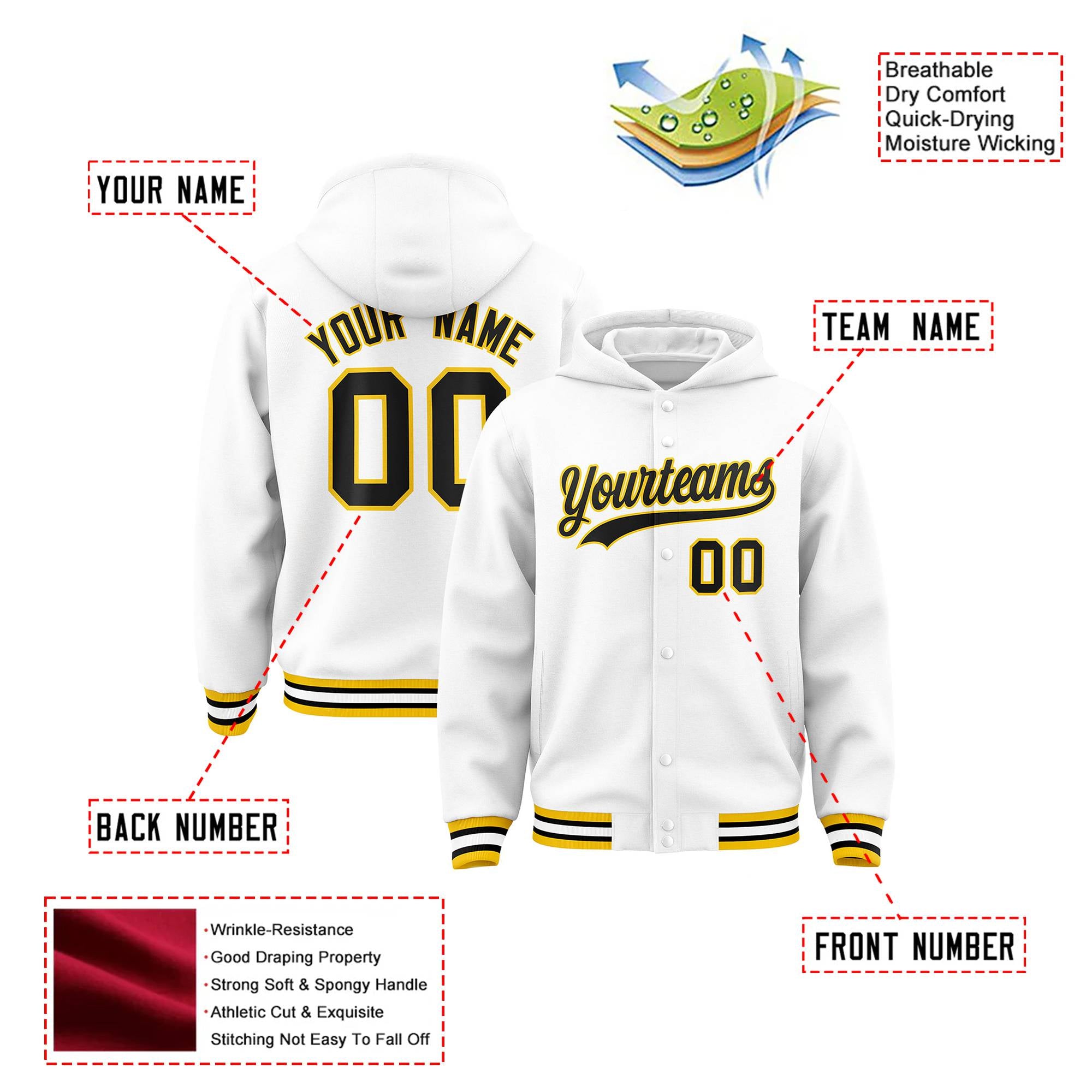 Custom White Black-Gold Varsity Full-Snap Letterman Classic Hoodie Jacket