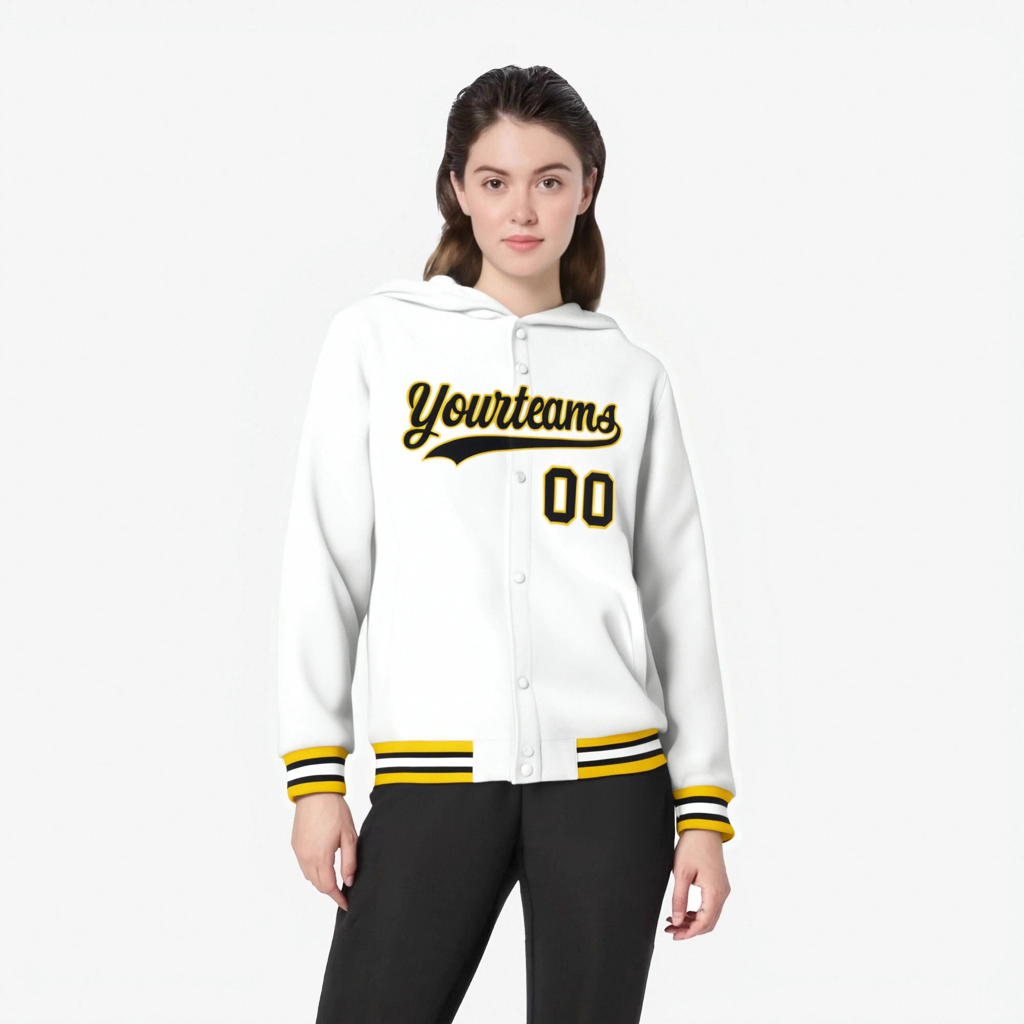 Custom White Black-Gold Varsity Full-Snap Letterman Classic Hoodie Jacket