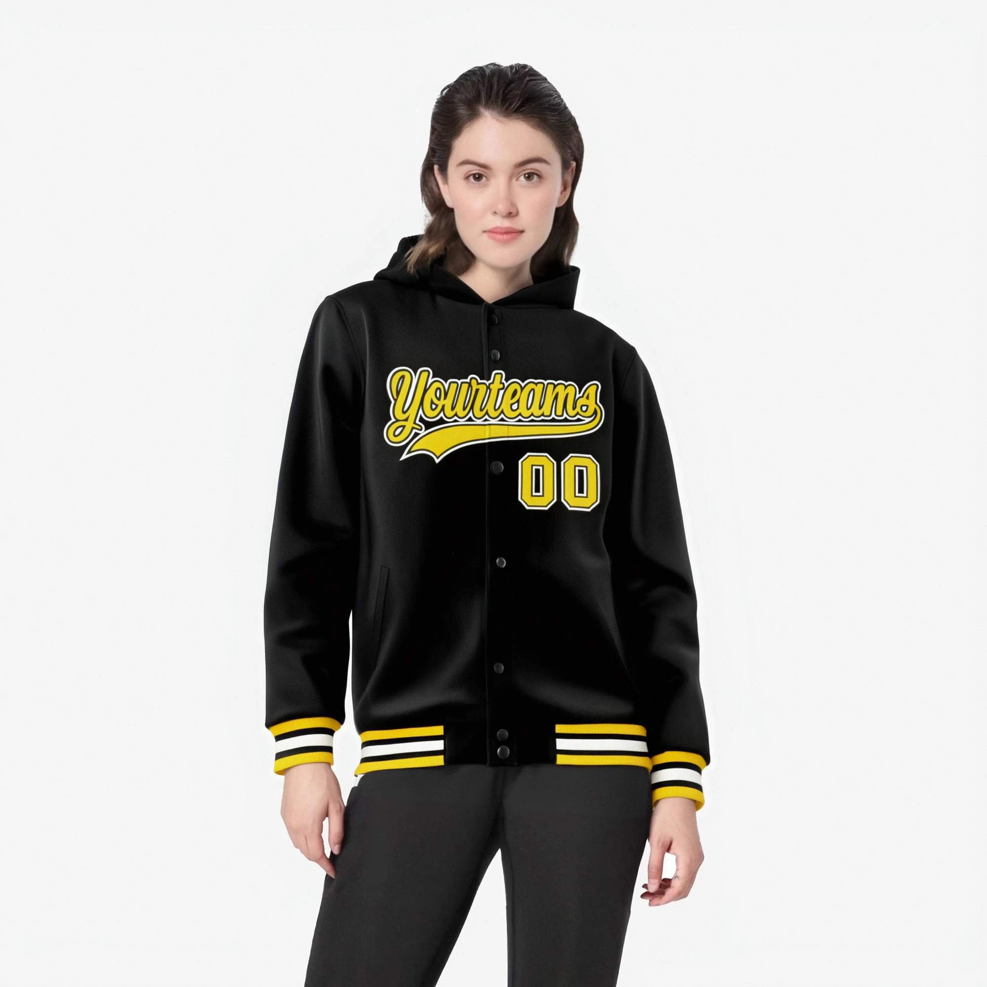 Custom Black Gold-Black Varsity Full-Snap Letterman Classic Hoodie Jacket