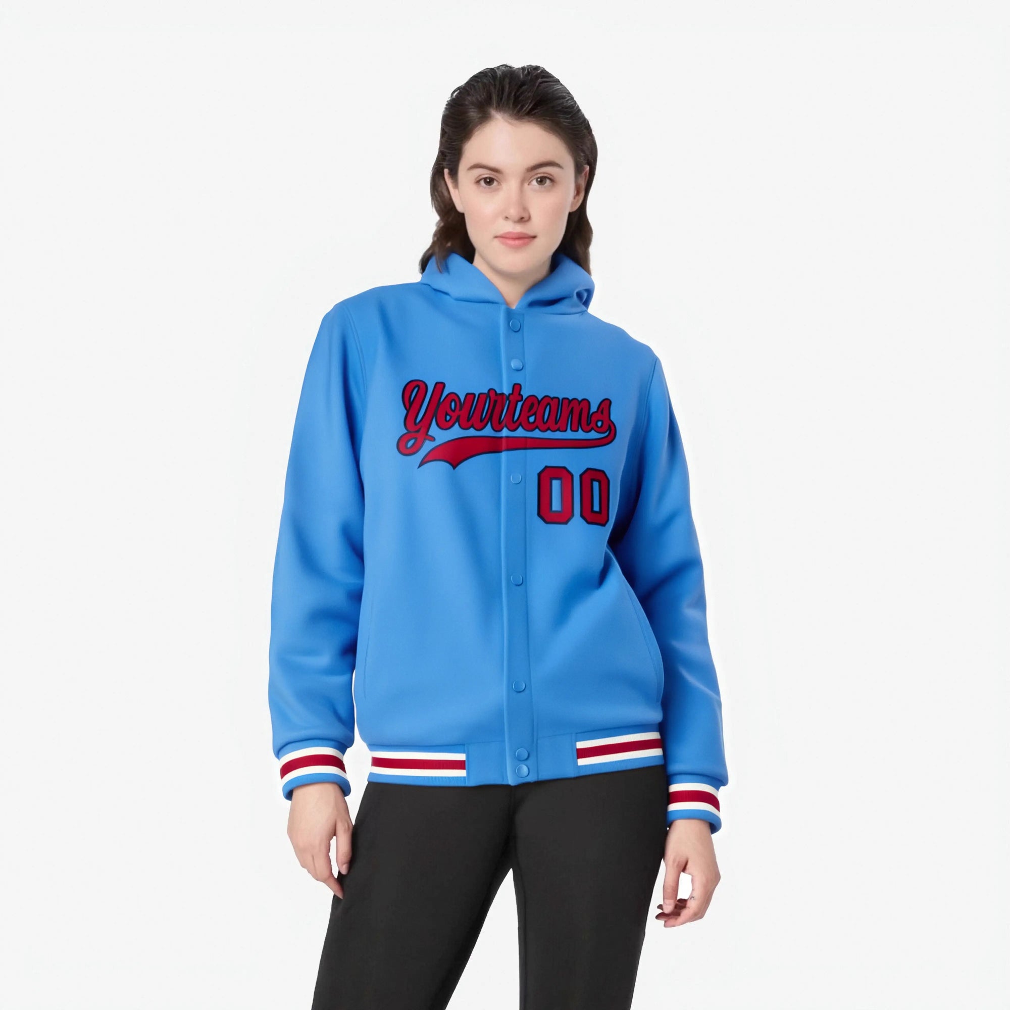 Custom Powder Blue Red-Navy Varsity Full-Snap Letterman Classic Hoodie Jacket