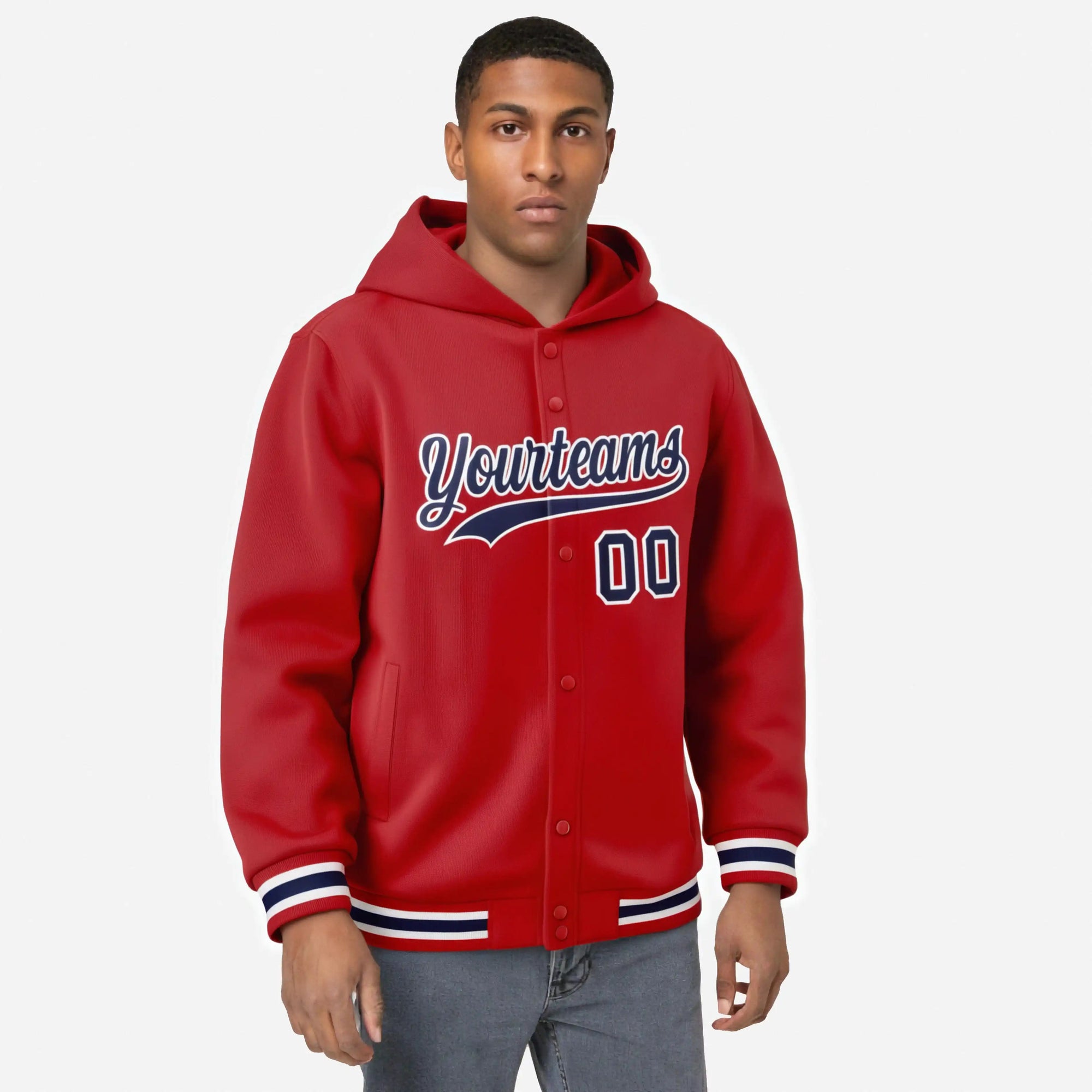 Custom Red Nacy-White Varsity Full-Snap Letterman Classic Hoodie Jacket