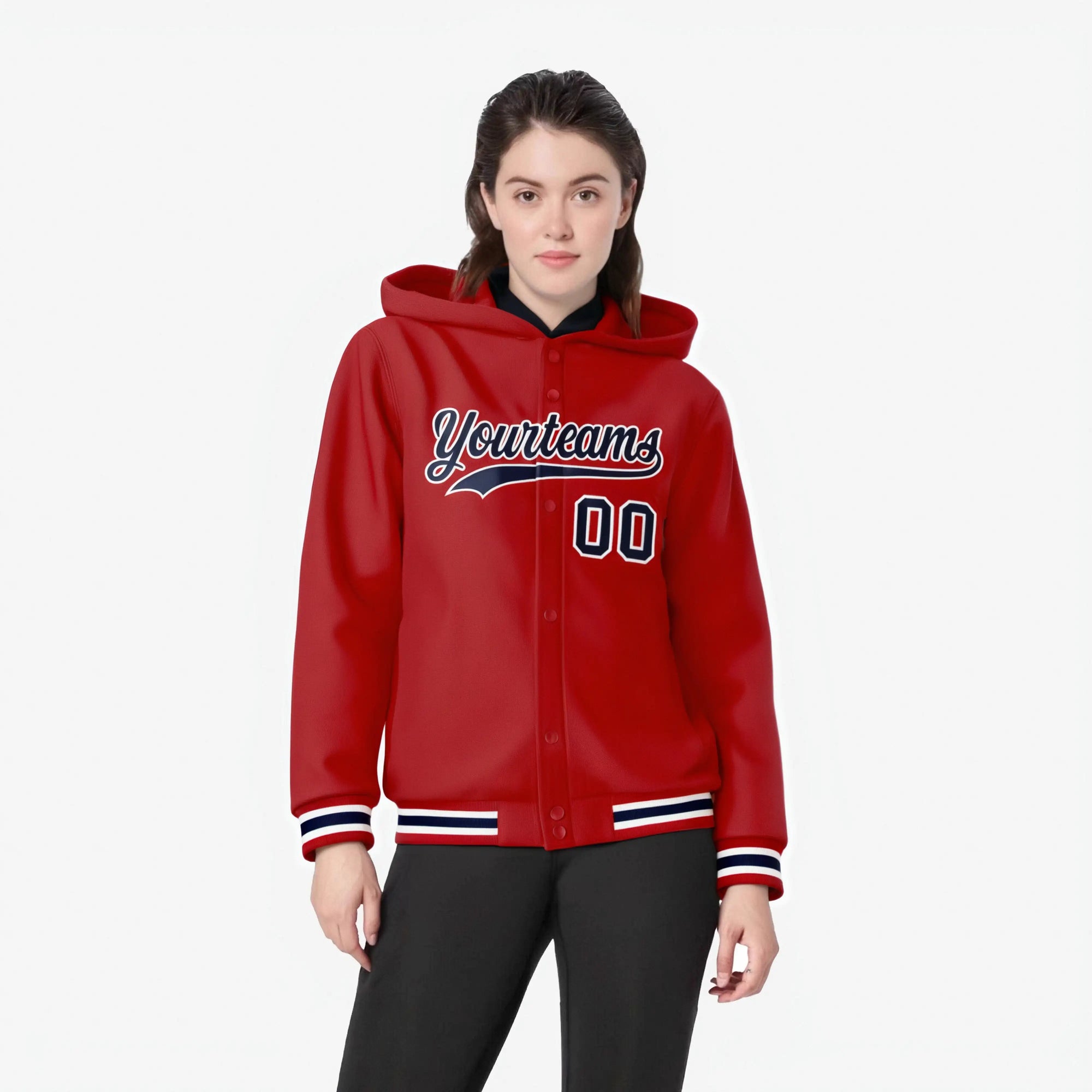 Custom Red Nacy-White Varsity Full-Snap Letterman Classic Hoodie Jacket