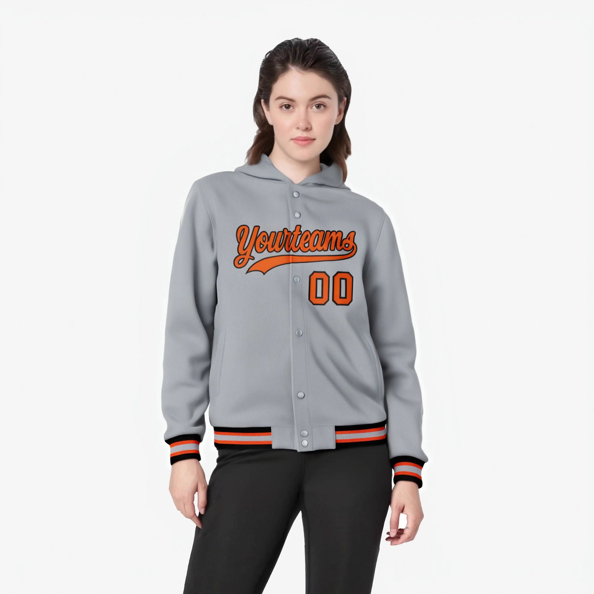 Custom Gray Orange-Black Varsity Full-Snap Letterman Classic Hoodie Jacket