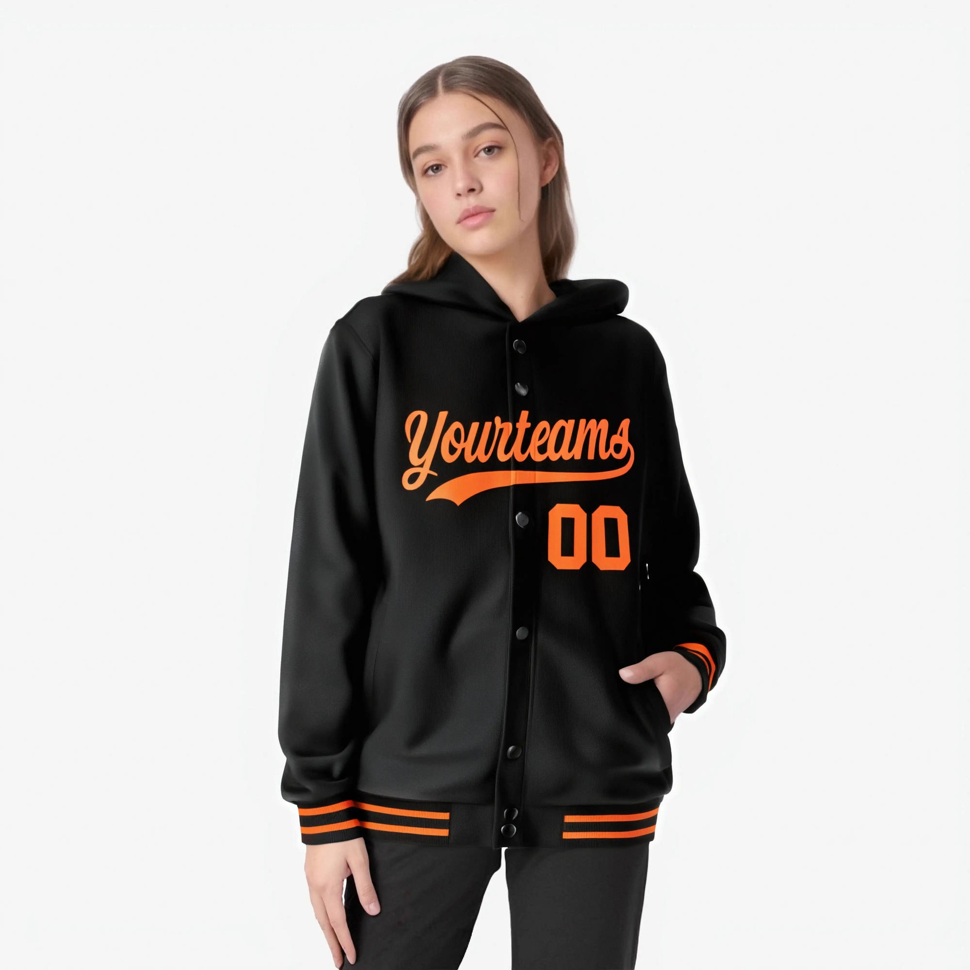 Custom Black Orange-Black Varsity Full-Snap Letterman Classic Hoodie Jacket