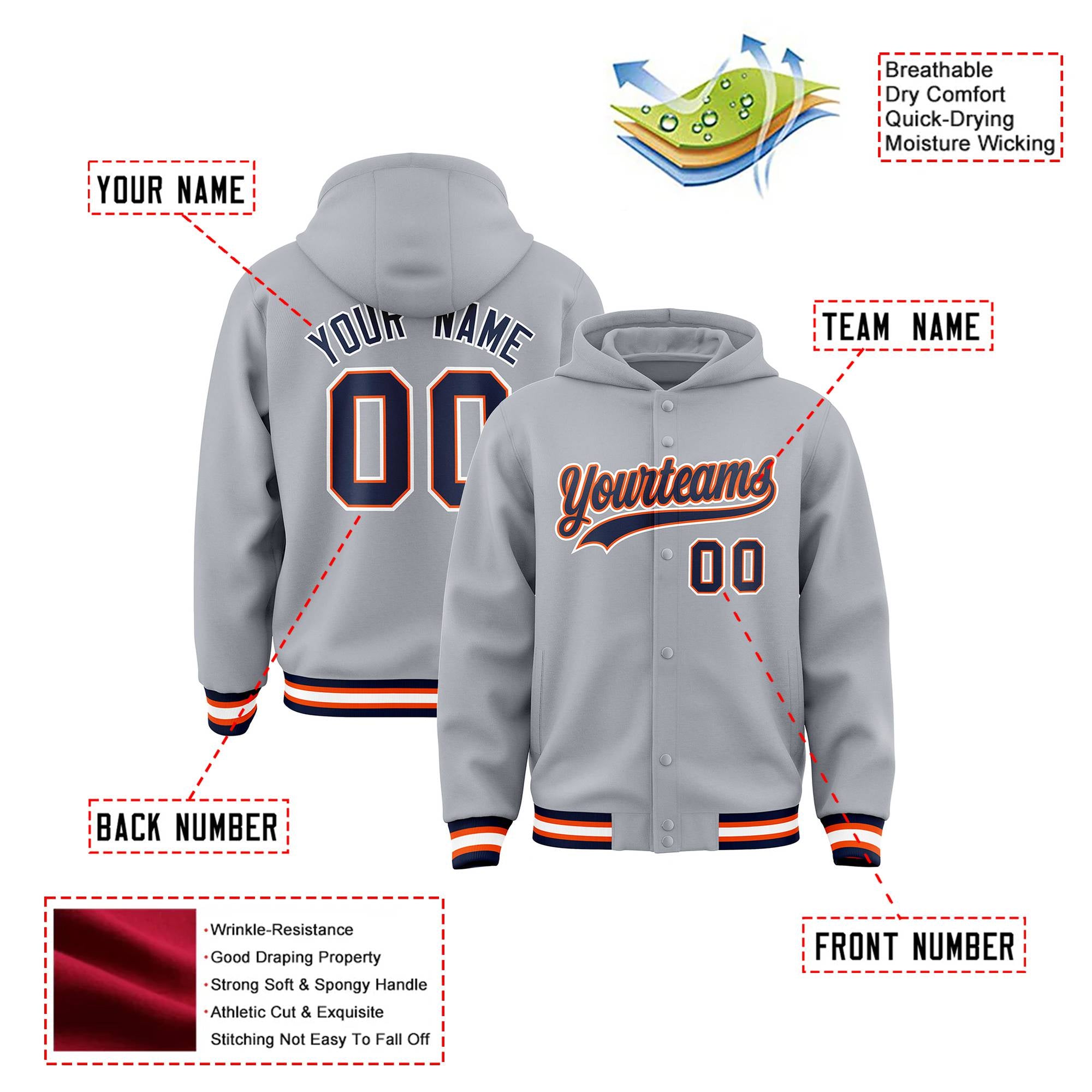 Custom Gray Navy-Orage Varsity Full-Snap Letterman Classic Hoodie Jacket