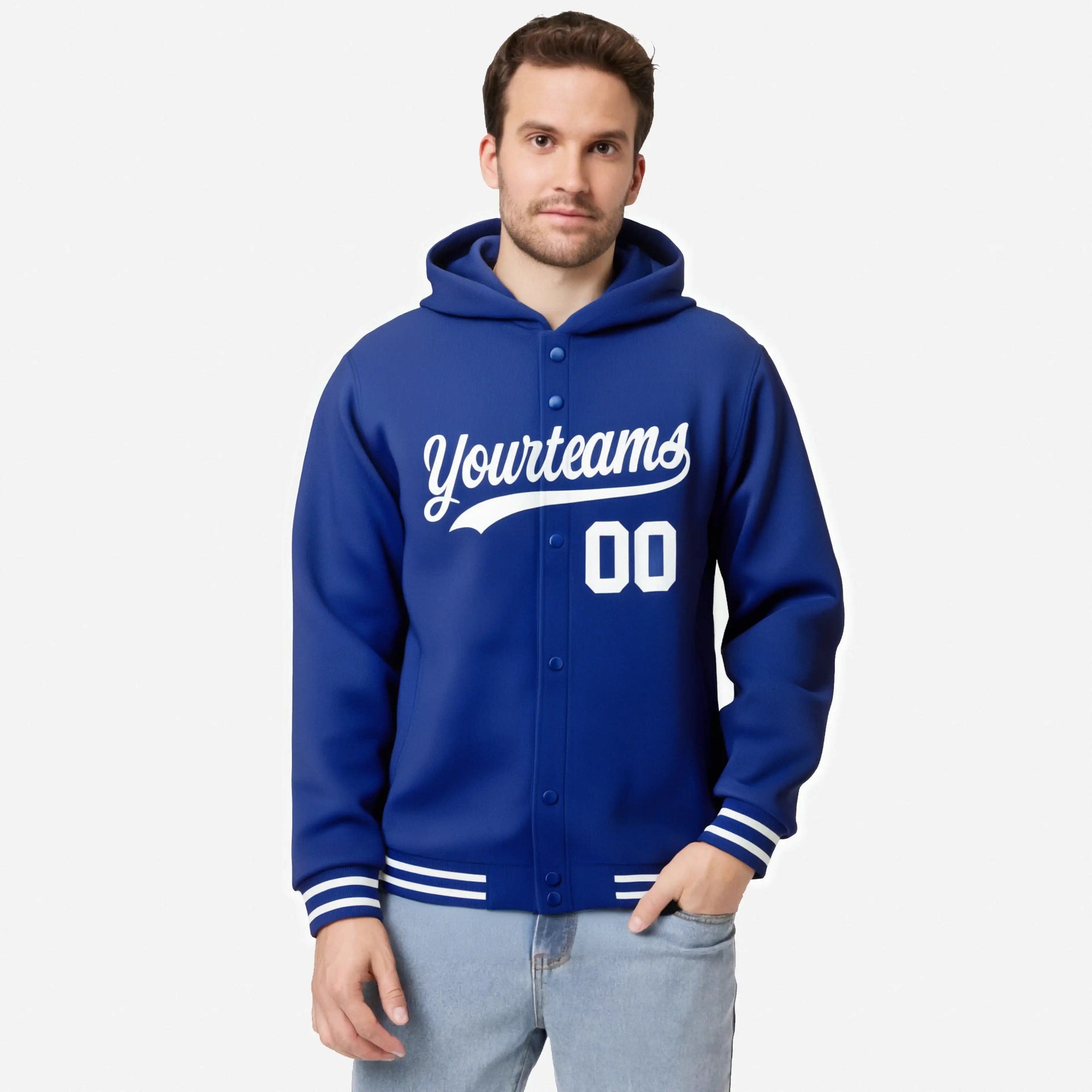 Custom Royal Blue White Varsity Full-Snap Letterman Classic Hoodie Jacket