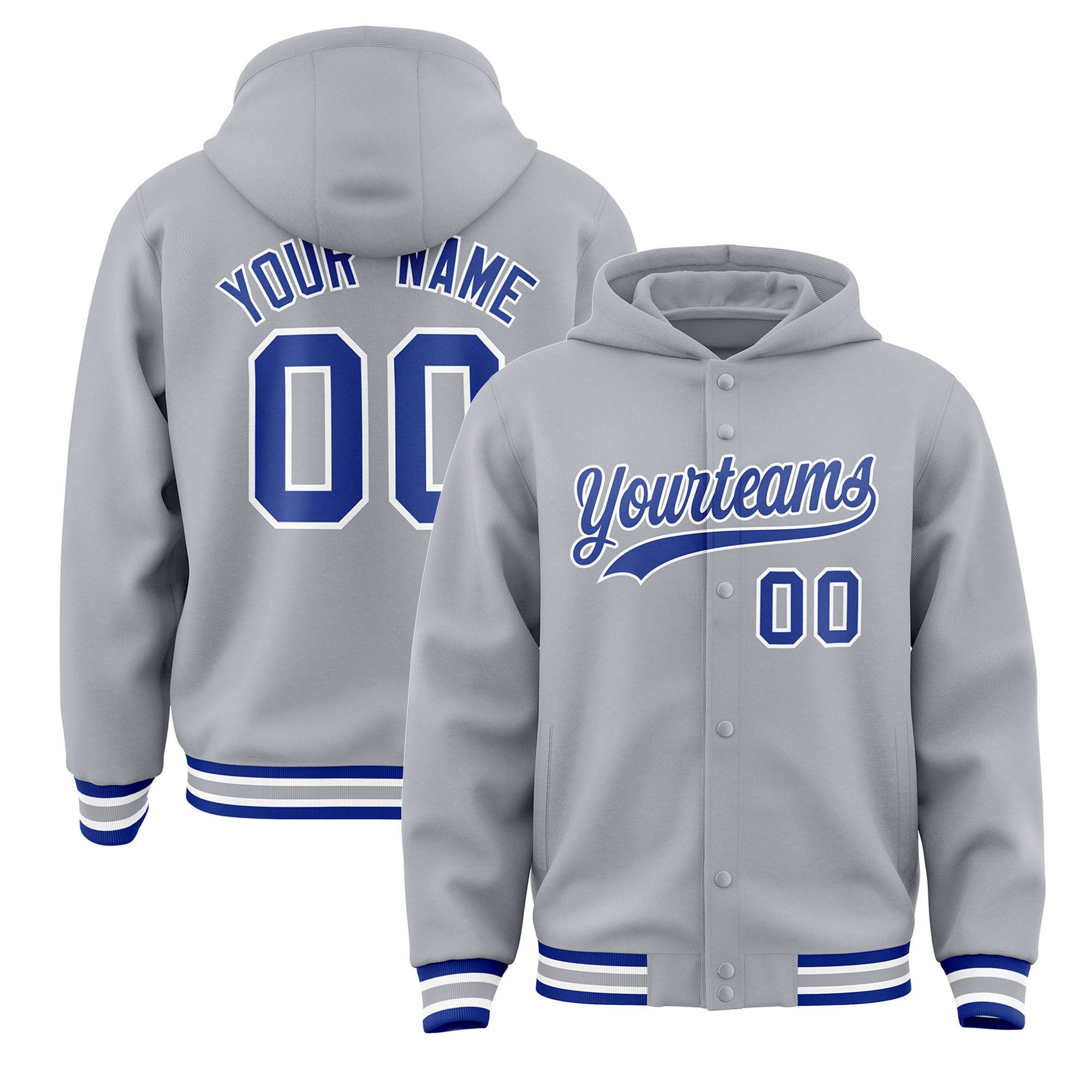 Custom Gray Royal Blue-White Varsity Full-Snap Letterman Classic Hoodie Jacket