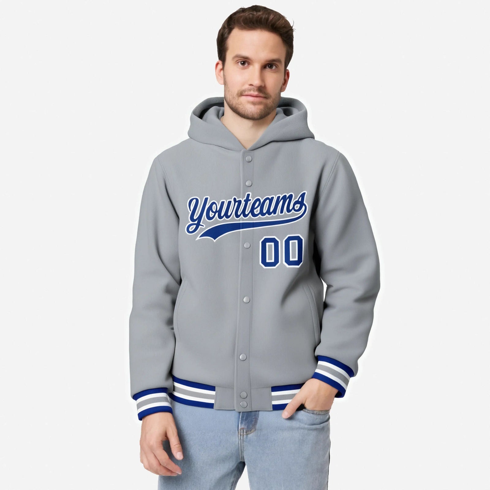 Custom Gray Royal Blue-White Varsity Full-Snap Letterman Classic Hoodie Jacket