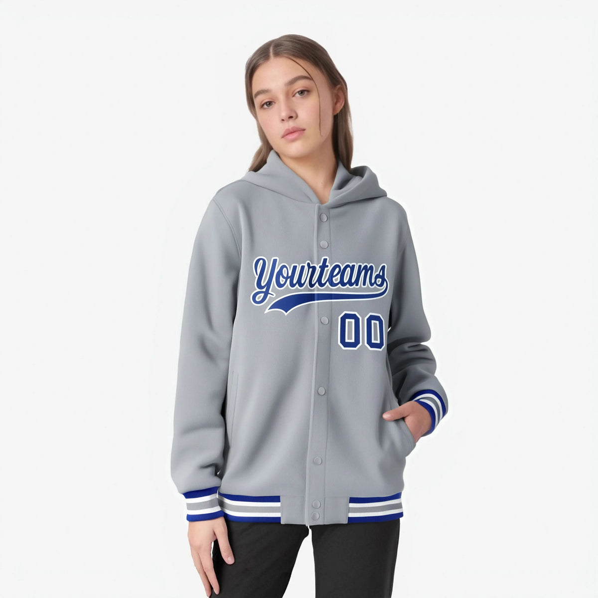 Custom Gray Royal Blue-White Varsity Full-Snap Letterman Classic Hoodie Jacket