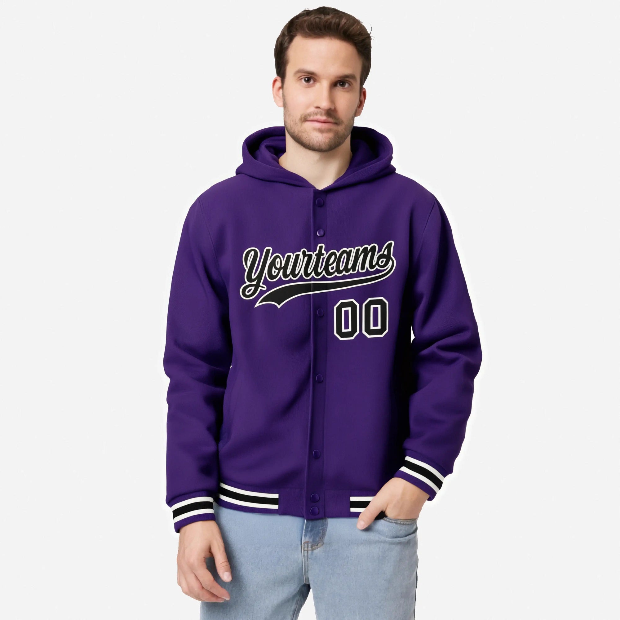 Custom Purple Black-White Varsity Full-Snap Letterman Classic Hoodie Jacket