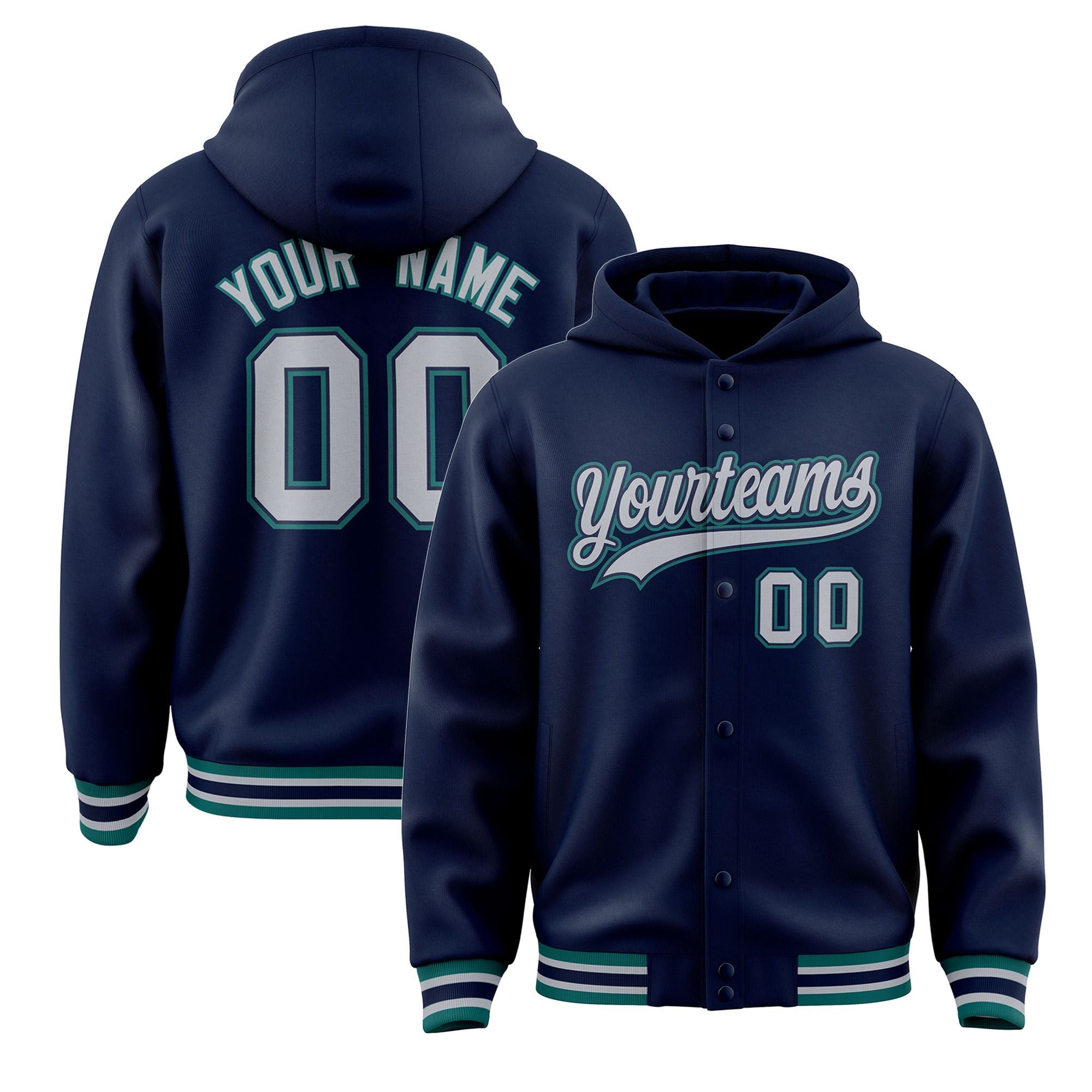 Custom Navy Gray-Aqua Varsity Full-Snap Letterman Classic Hoodie Jacket