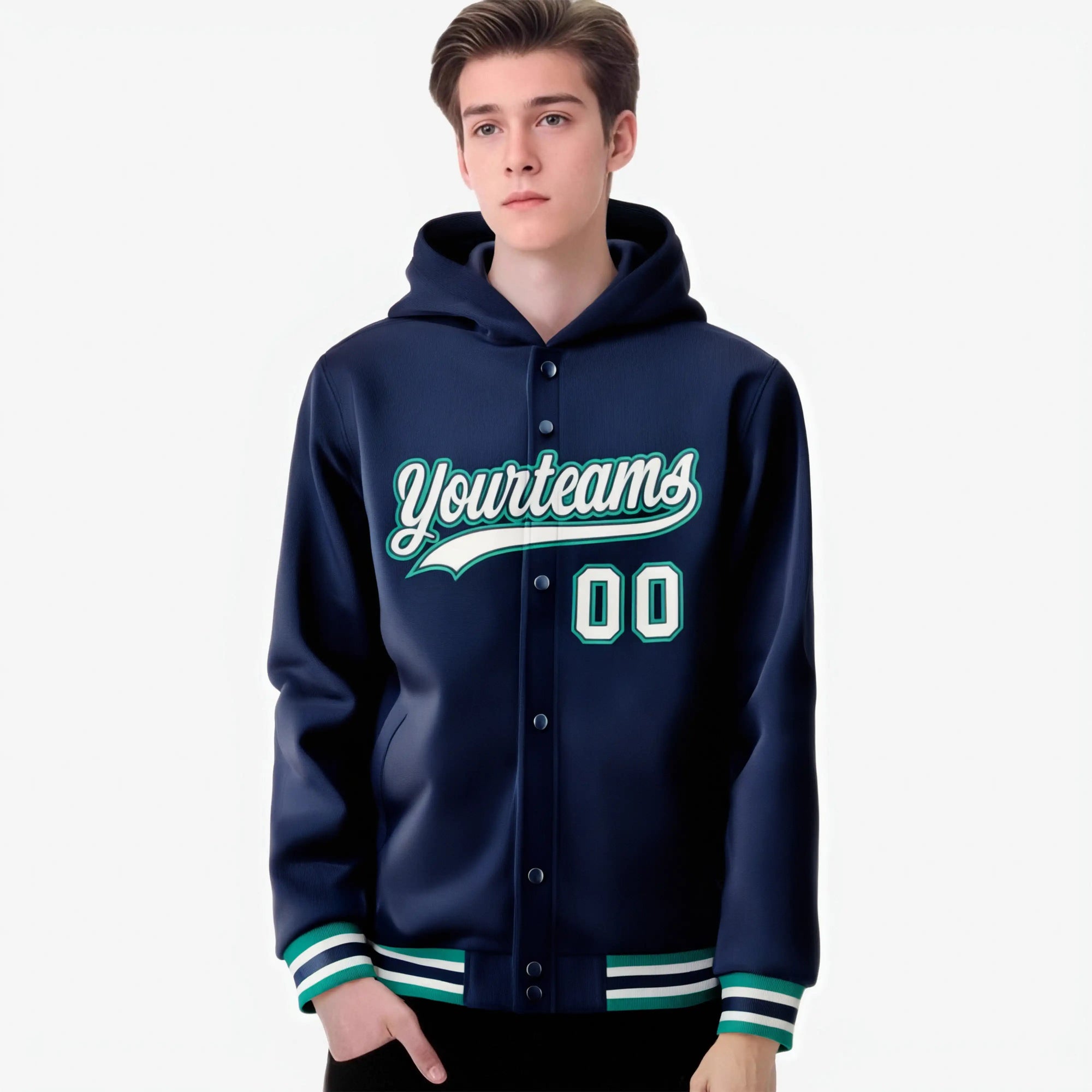 Custom Navy Gray-Aqua Varsity Full-Snap Letterman Classic Hoodie Jacket