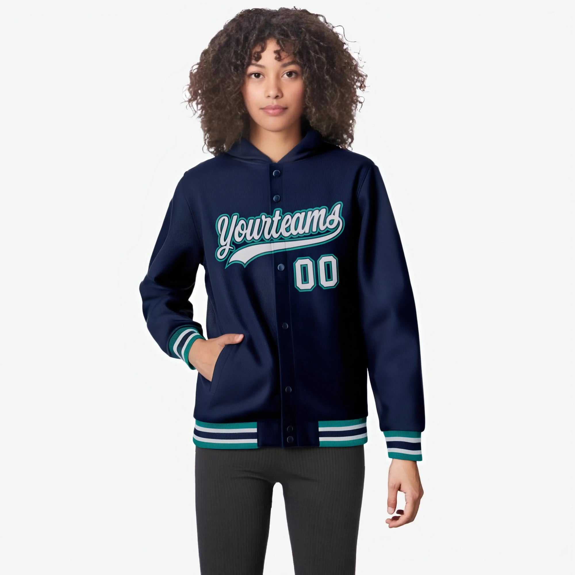 Custom Navy Gray-Aqua Varsity Full-Snap Letterman Classic Hoodie Jacket