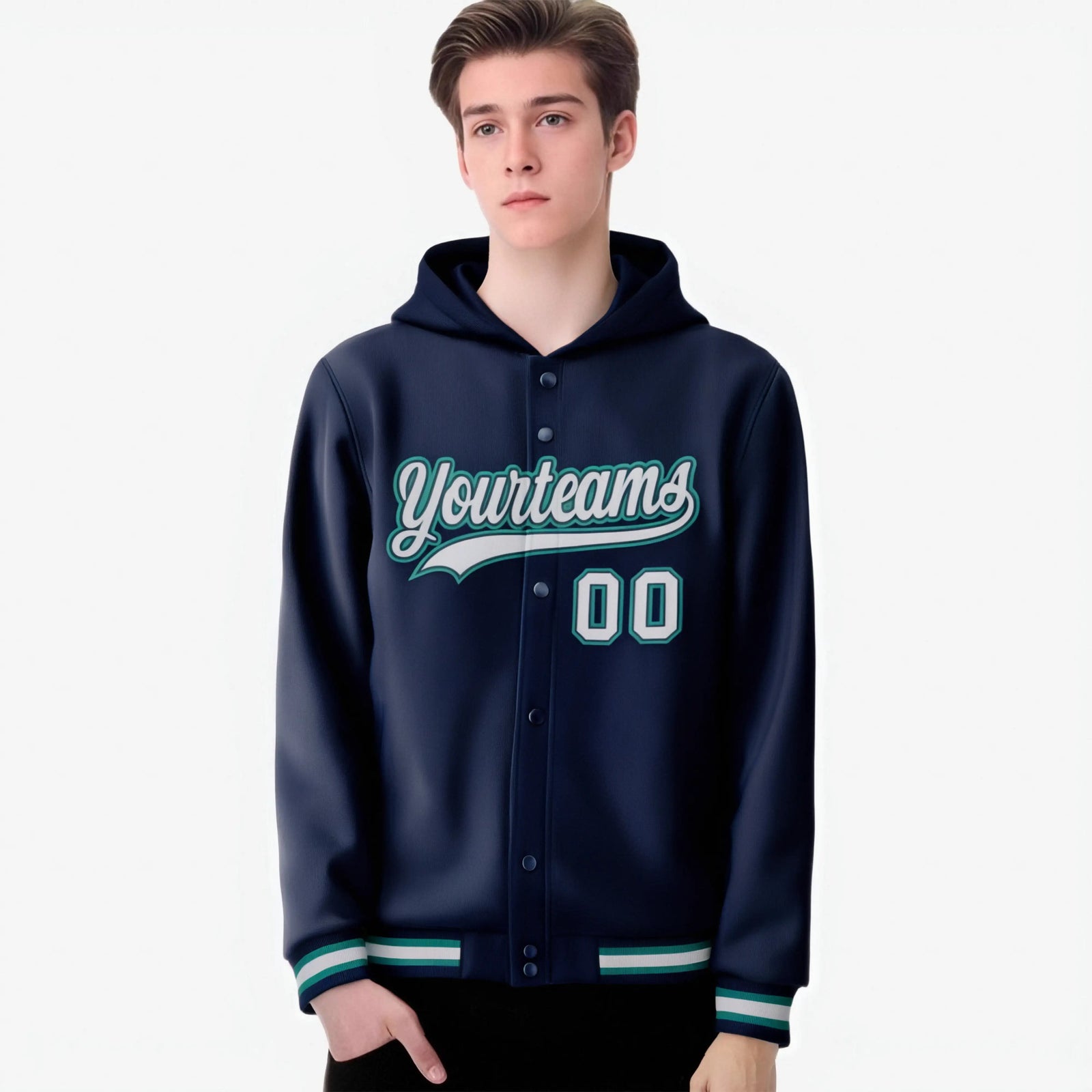 Custom Navy Gray-Aqua Varsity Full-Snap Letterman Classic Hoodie Jacket