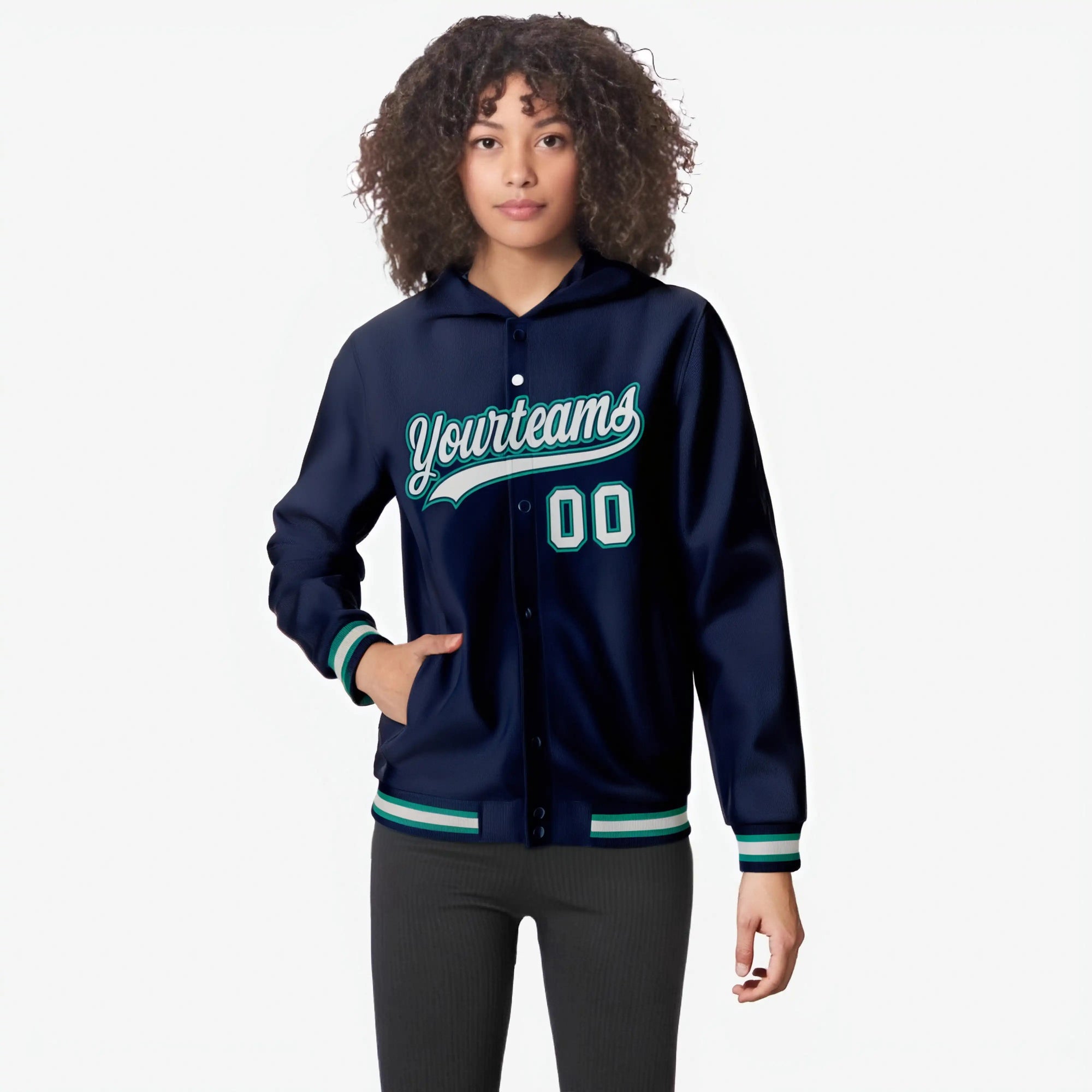 Custom Navy Gray-Aqua Varsity Full-Snap Letterman Classic Hoodie Jacket