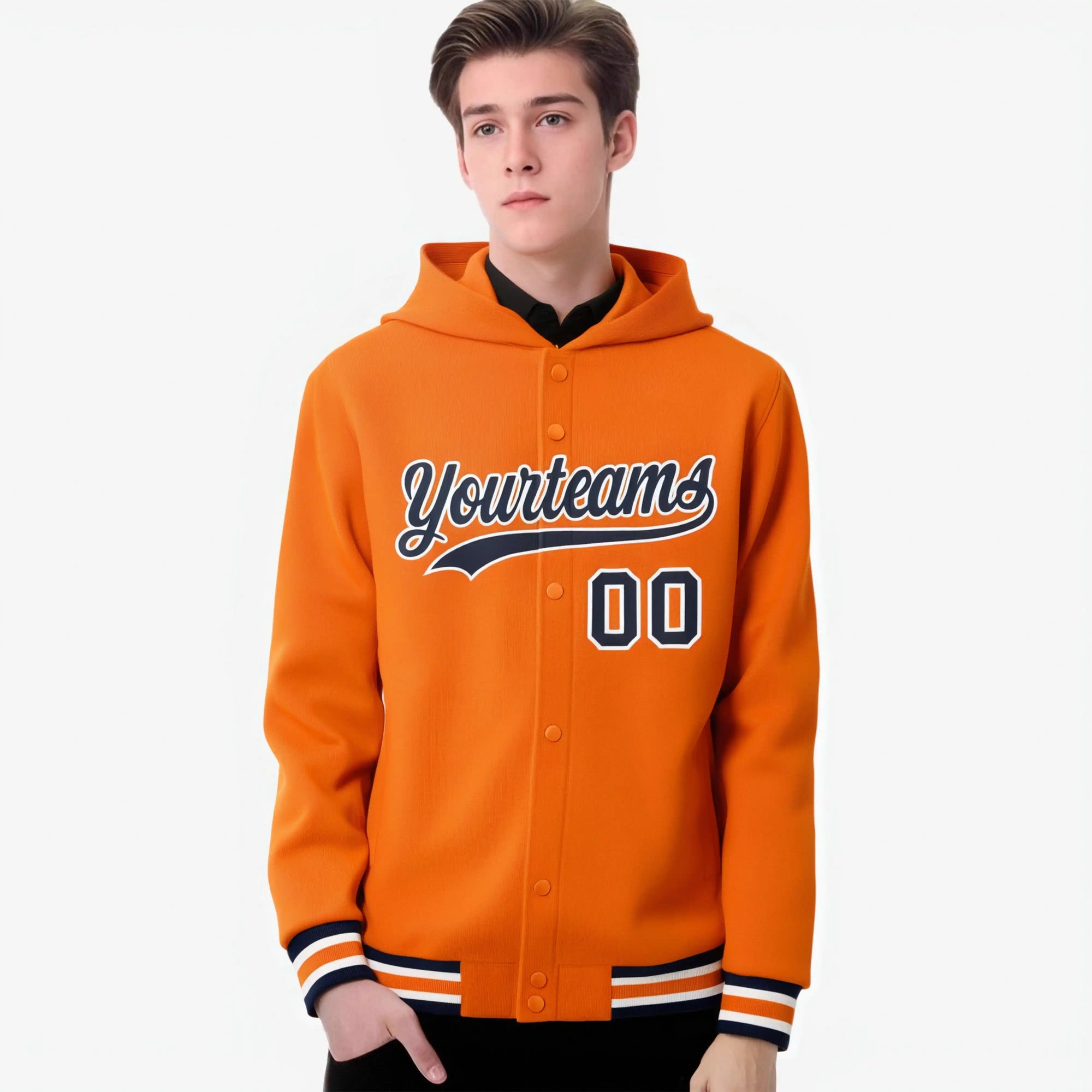 Custom Orange Navy-White Varsity Full-Snap Letterman Classic Hoodie Jacket