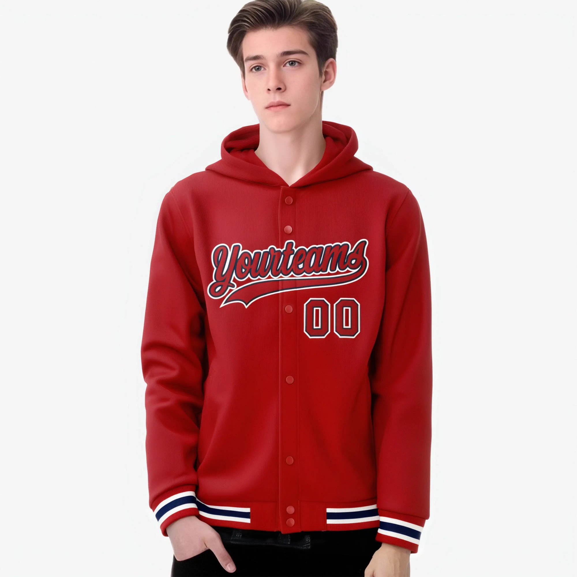 Custom Red White Varsity Full-Snap Letterman Classic Hoodie Jacket