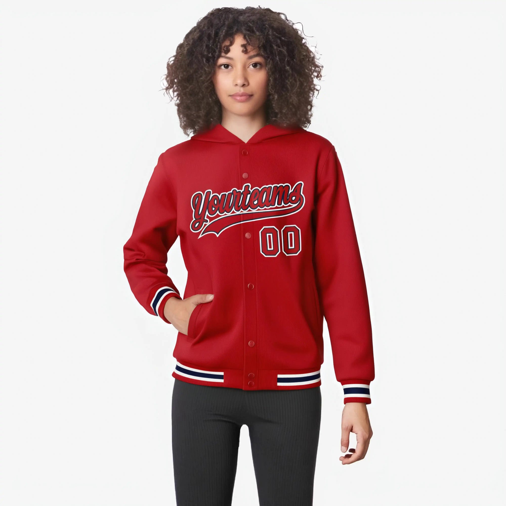 Custom Red White Varsity Full-Snap Letterman Classic Hoodie Jacket