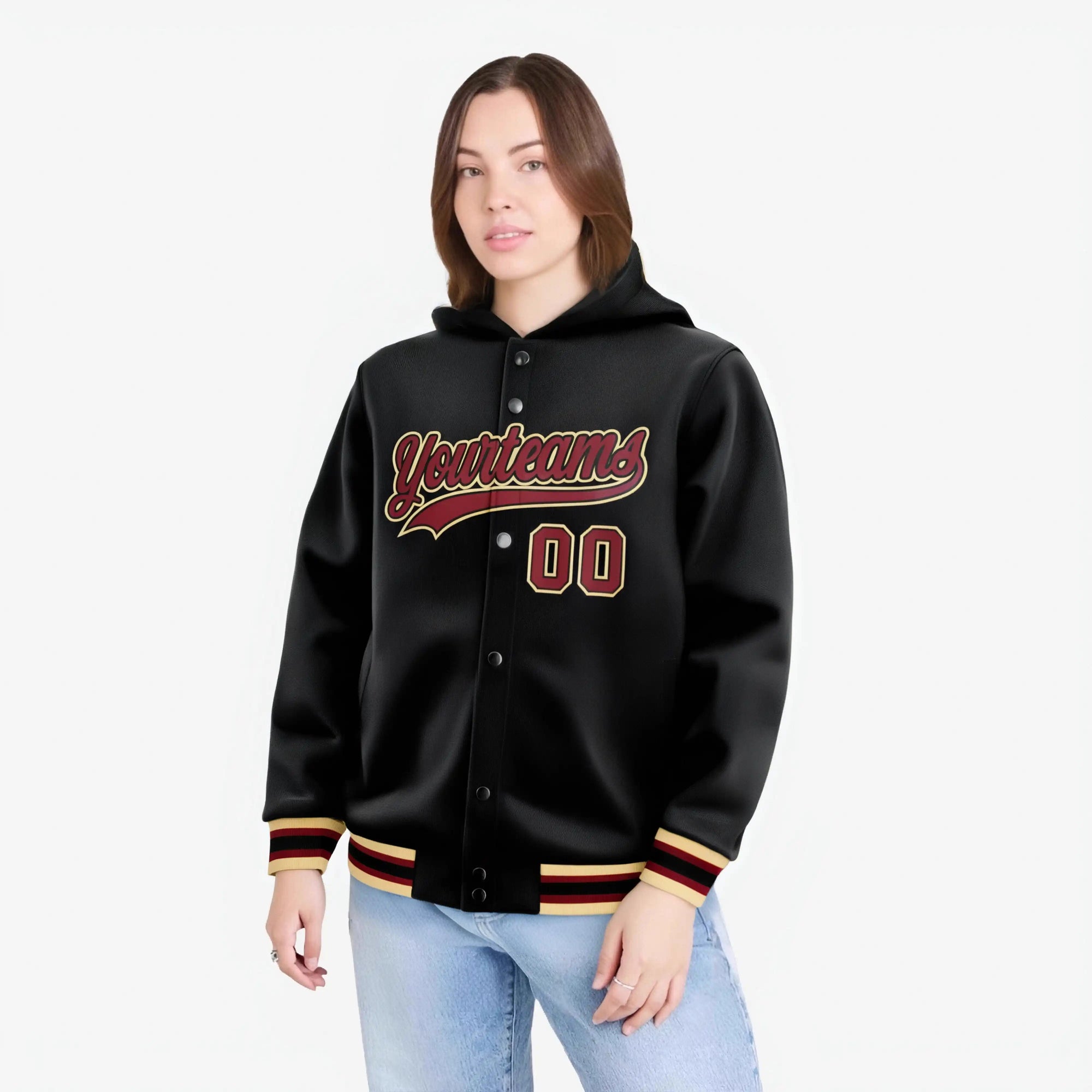 Custom Black Crimson-Gold Varsity Full-Snap Letterman Classic Hoodie Jacket