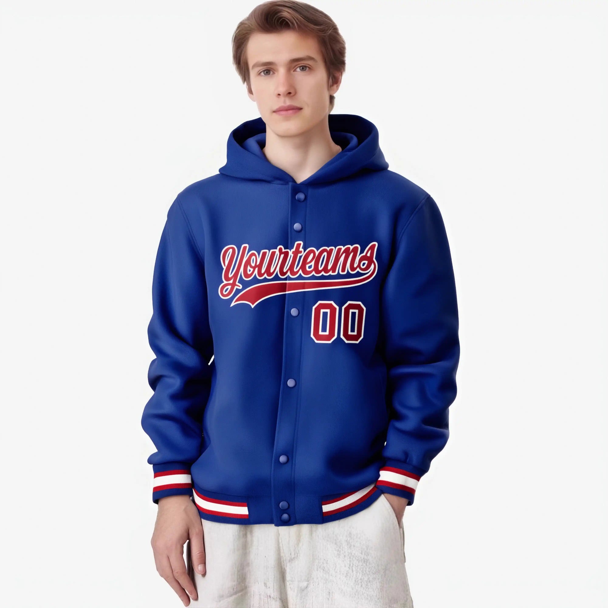 Custom Royal Blue Red-White Varsity Full-Snap Letterman Classic Hoodie Jacket