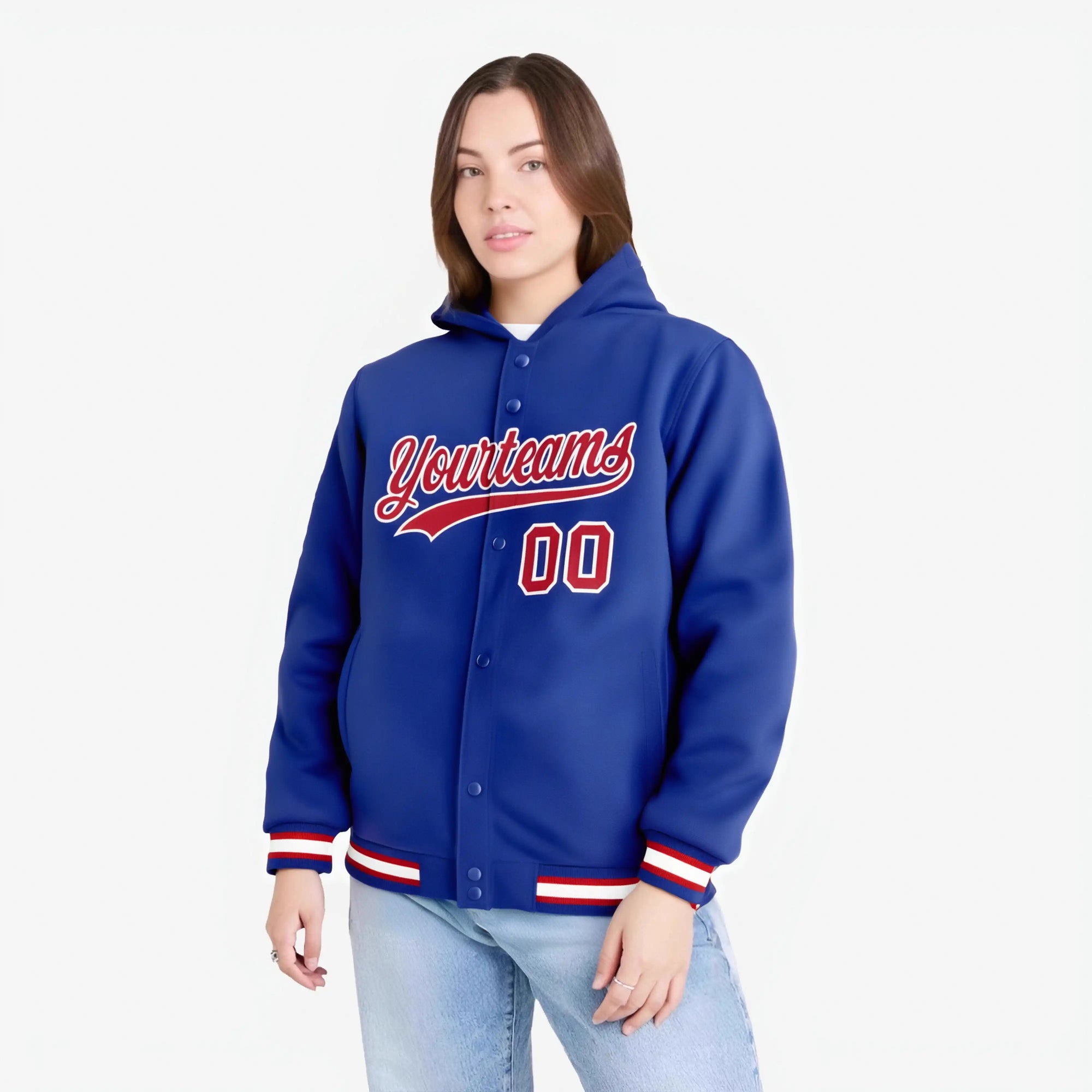 Custom Royal Blue Red-White Varsity Full-Snap Letterman Classic Hoodie Jacket