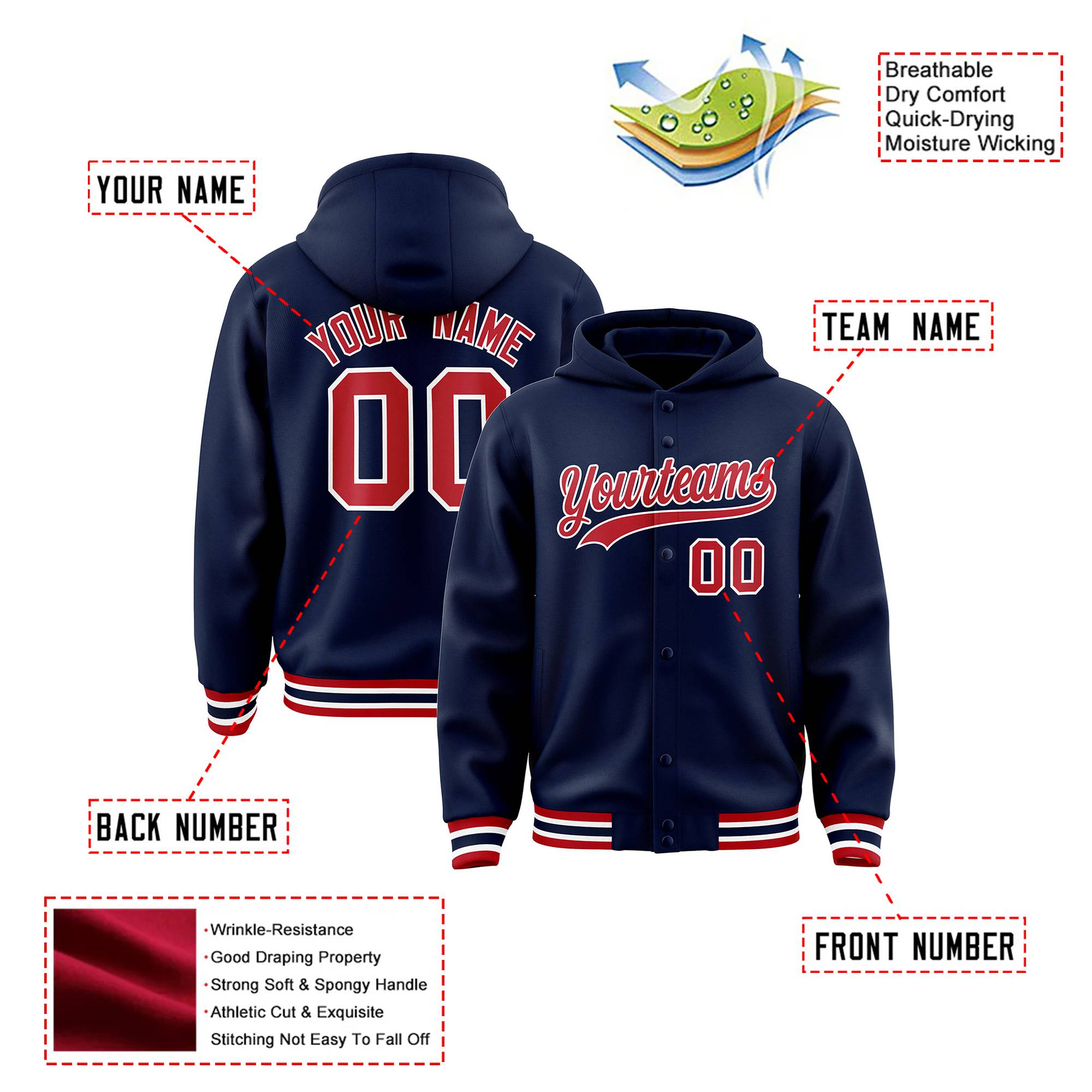 Custom Navy Red-White Varsity Full-Snap Letterman Classic Hoodie Jacket