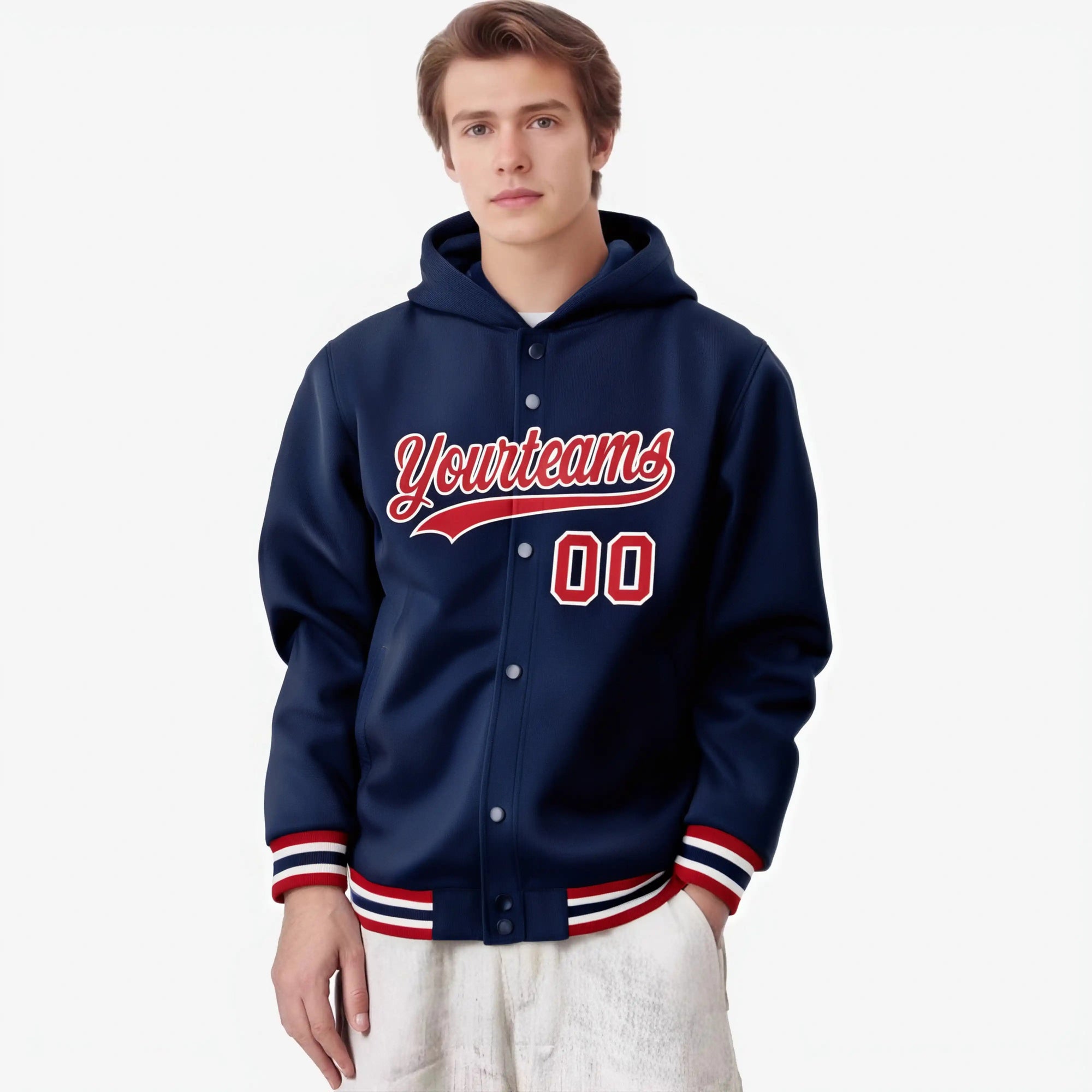 Custom Navy Red-White Varsity Full-Snap Letterman Classic Hoodie Jacket