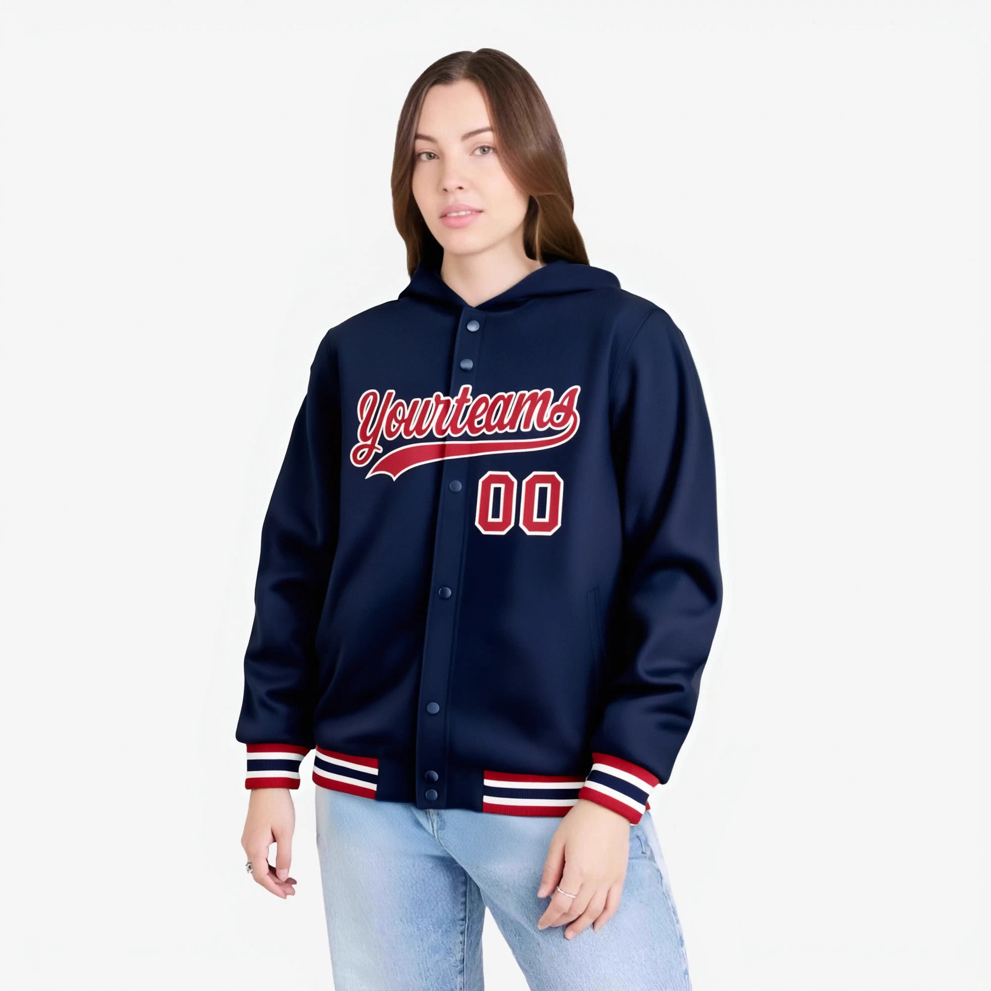 Custom Navy Red-White Varsity Full-Snap Letterman Classic Hoodie Jacket