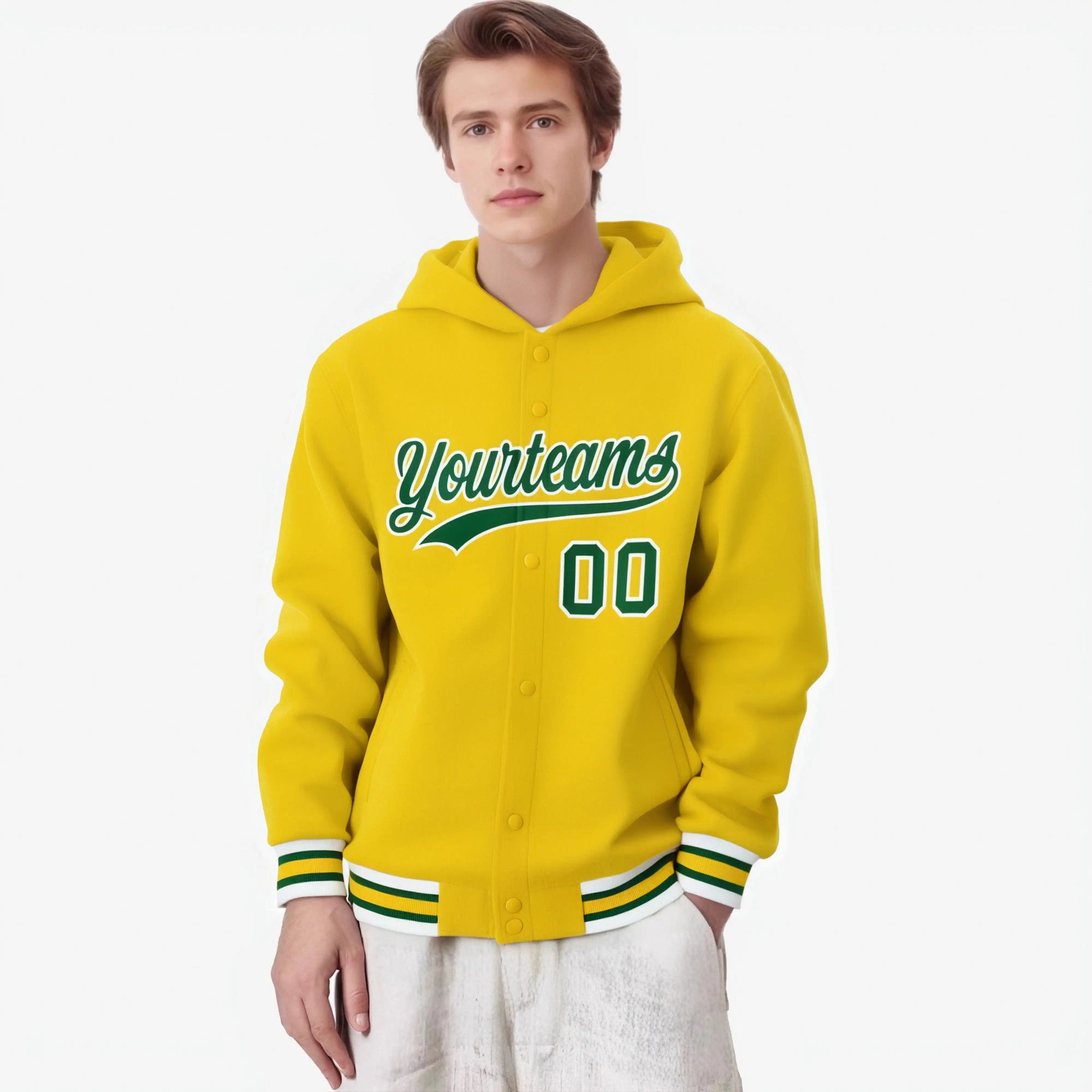 Custom Gold Green-White Varsity Full-Snap Letterman Classic Hoodie Jacket