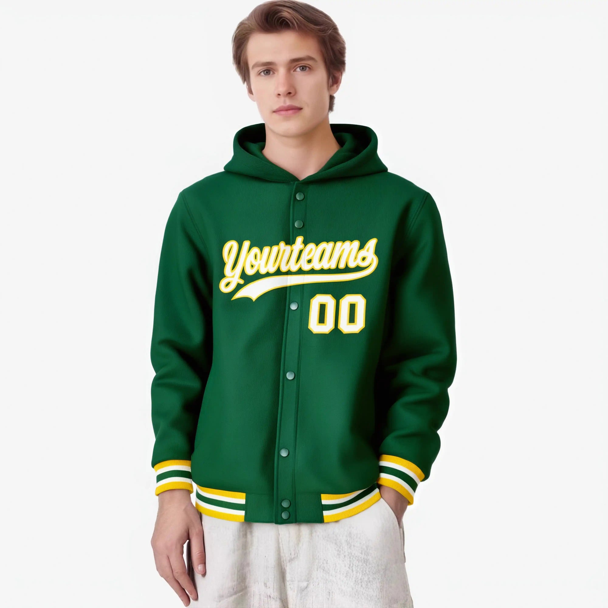 Custom Green White-Gold Varsity Full-Snap Letterman Classic Hoodie Jacket