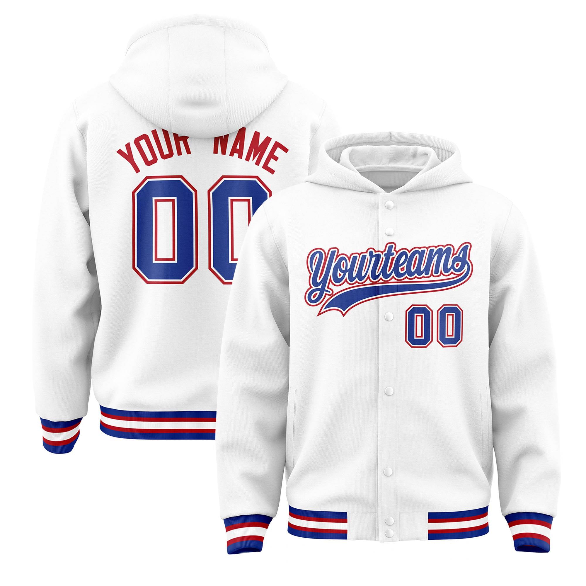 Custom White Royal Blue-Red Varsity Full-Snap Letterman Classic Hoodie Jacket