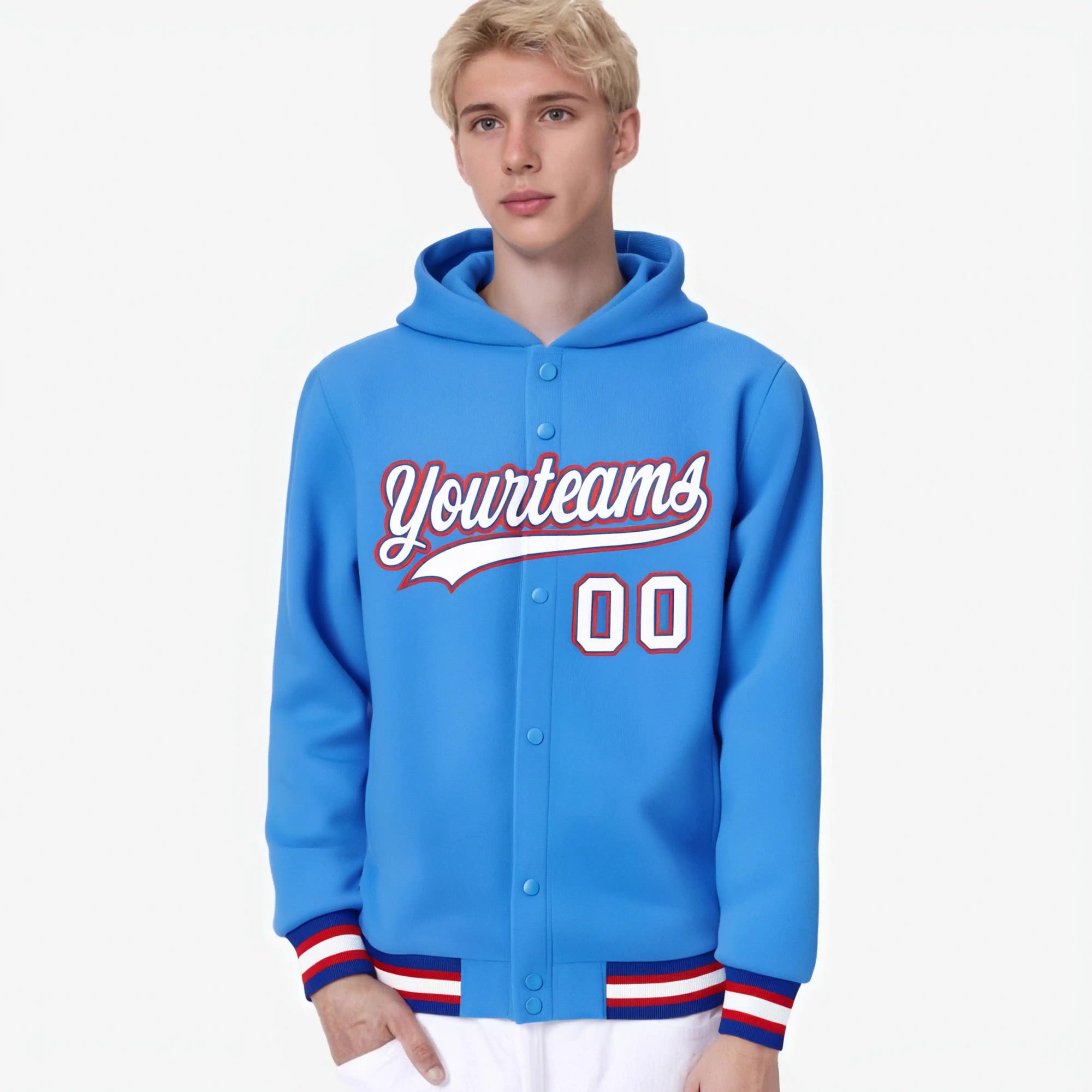 Custom Powder Blue White-Red Varsity Full-Snap Letterman Classic Hoodie Jacket